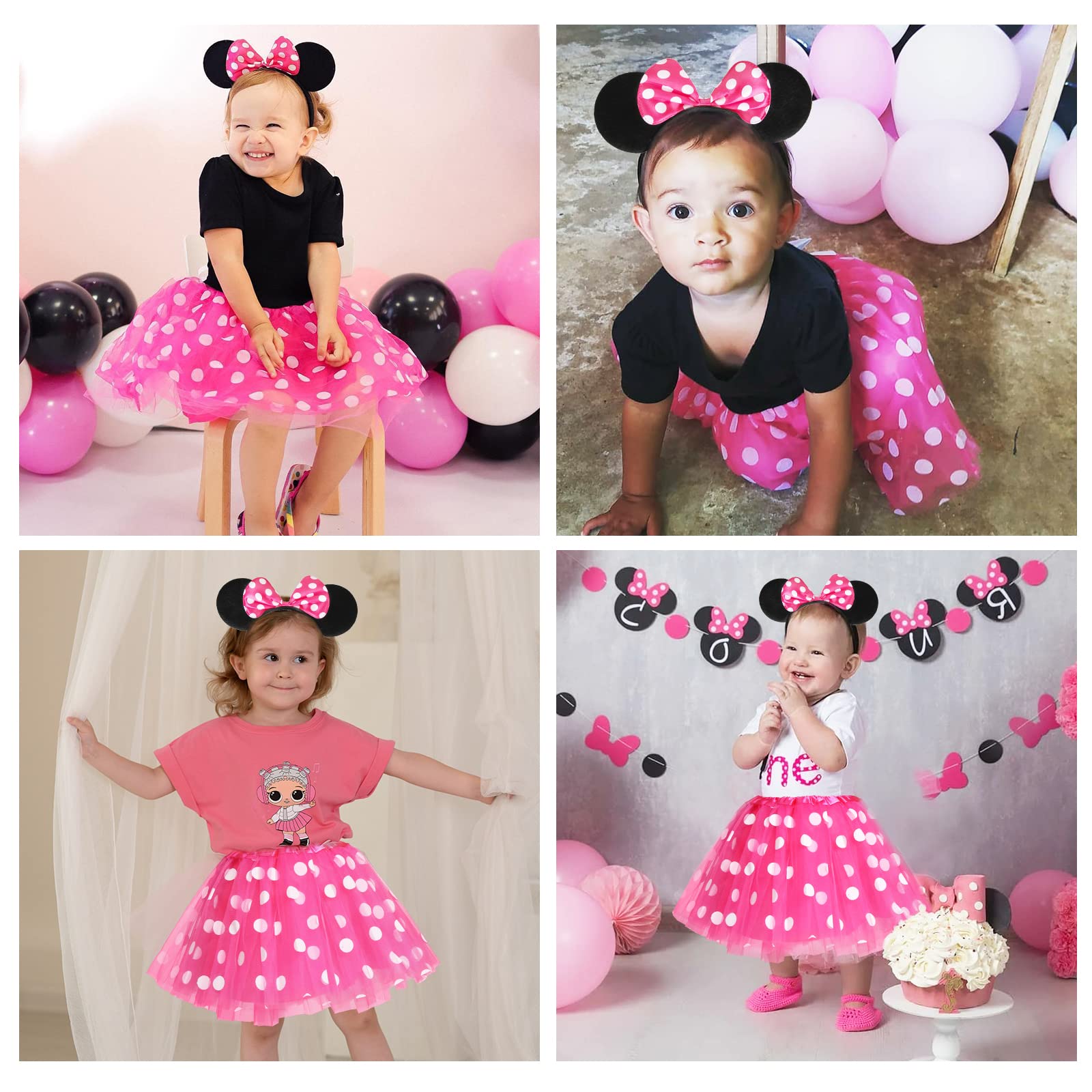 Capaneus Disfraz de Carnaval Mouse para Niña,Tutu Falda con Orejas de Ratón Aro de Pelo,Bebé Chicas Disfraz de Ratón,Conjunto de Disfraz para Carnaval Halloween Cosplay Fiesta Cumpleaño-Rosa &Rojo