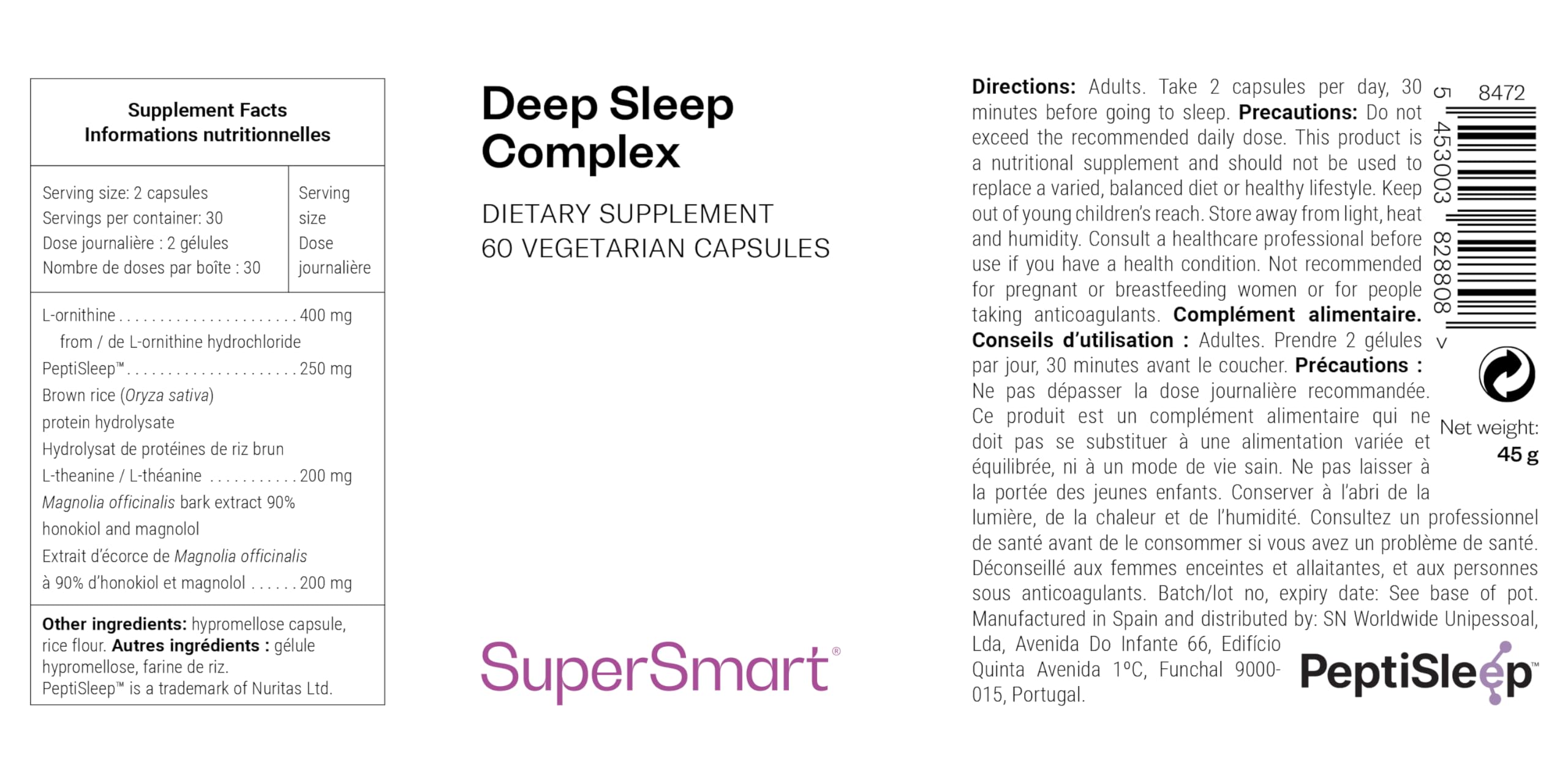 Deep Sleep Complex - Anti-Réveils Nocturnes - 60 Gélules - SuperSmart | Formule Naturelle Pour Sommeil Profond Adulte - Nuits Réparatrices - Sans Mélatonine - L-Théanine, PeptiSleep™…