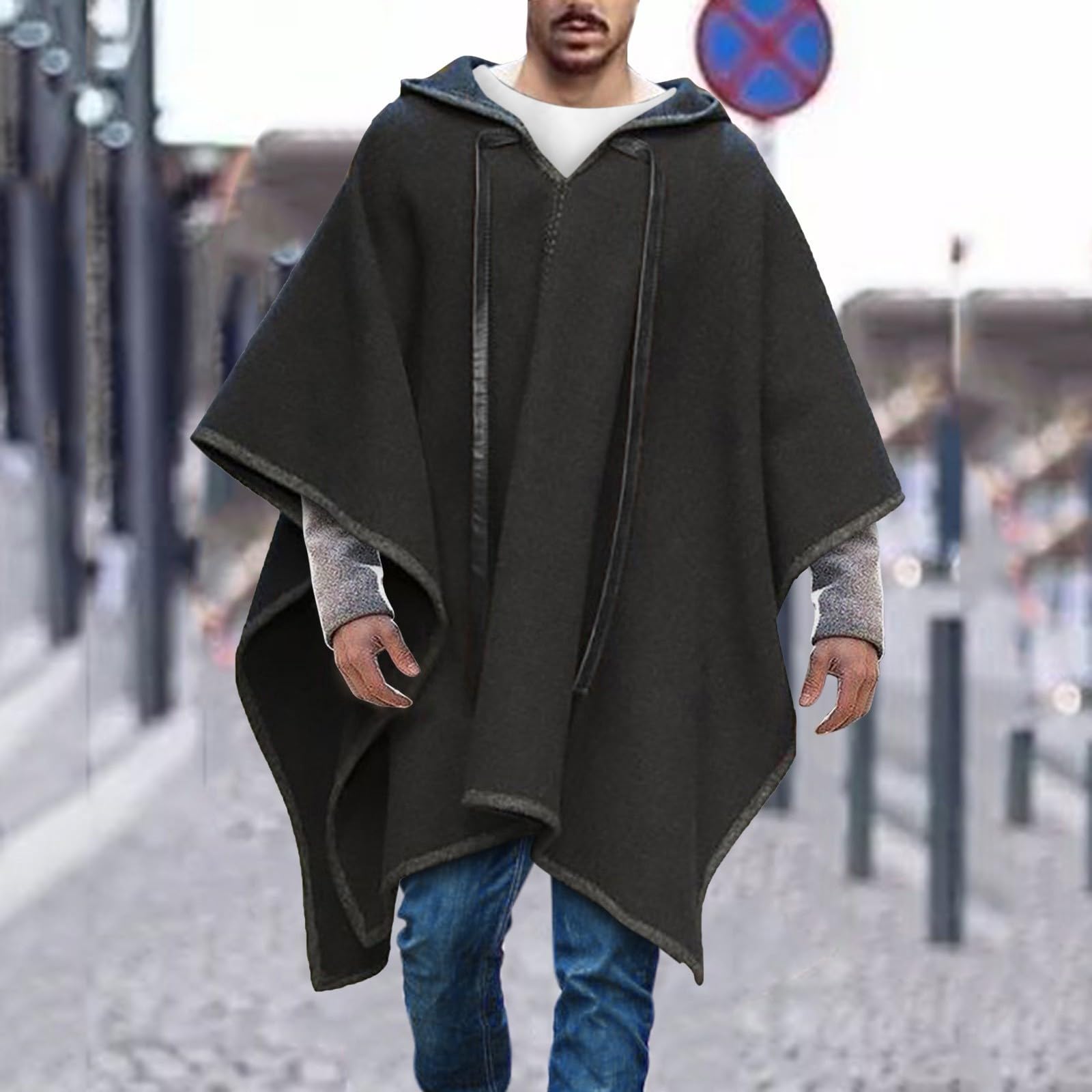Poncho Herren Warm Decke Ponchos Kapuze Cape Pancho Männer Mexikanischer Wollponcho Winter Cowboy Hippie Jacke Alpaka Wolle Hippie Chic Andenponcho Herbst Winter Kapuzenponcho Einheitsgröße S-3Xl