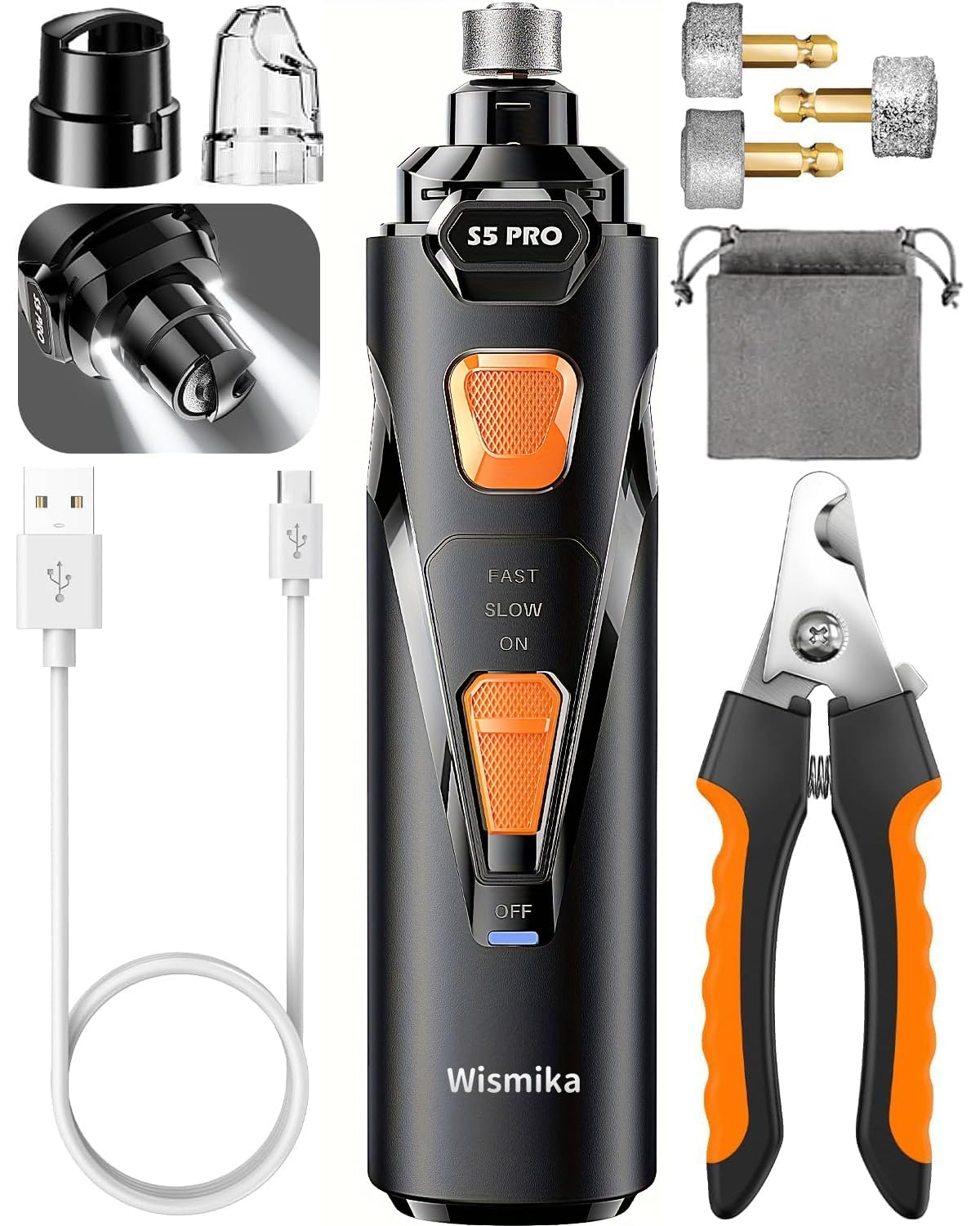 Wismika Hund Nagelfräse: Super Leise, 2 LED Lichter & 2 Geschwindigkeiten für sicheres Schneiden | Wiederaufladbarer Krallenschleifer mit 3 Schleifaufsätzen & Zubehör | Für Hunde und Katzen Aller