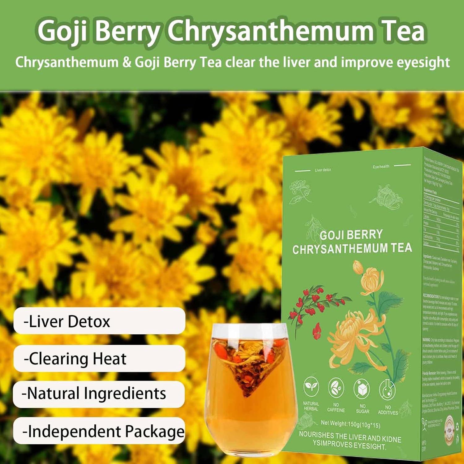Goji Berry Chrysanthemum Tea, Dandelion Wolfberry Tea for Liver Health, Liver Detox Clear the Liver and Improve Eyesight 150g(1box,15 Bags) (1) - Image 2