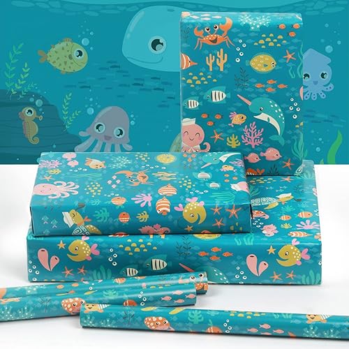 Miniatura 3 de NEPOG Papel de regalo de cumpleaños con temática oceánica para niños, niñas y niños, 6 hojas de papel de regalo con diseño costero bajo el agua, 20