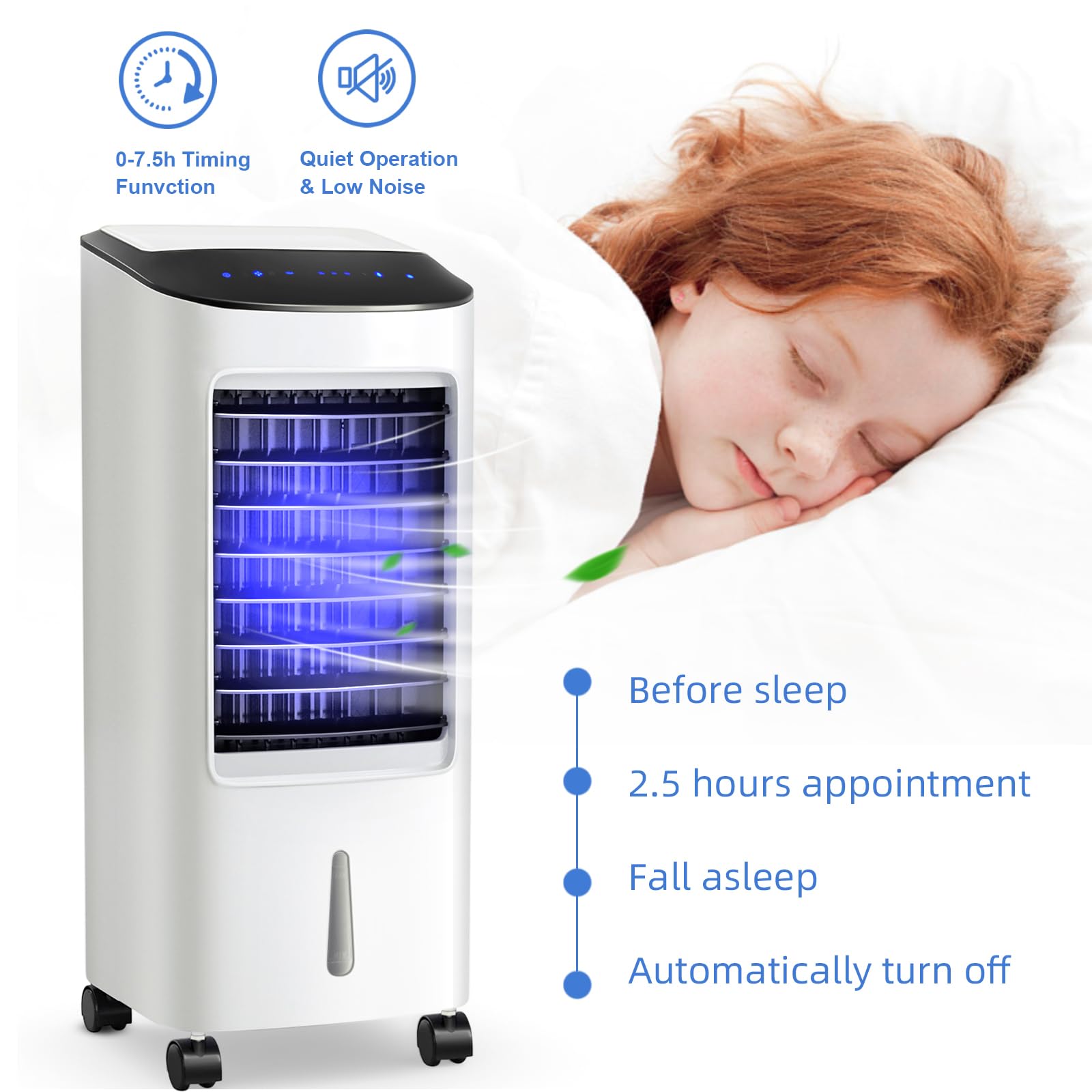 SOARS Ventilateur Rafraichisseur d'Air 65W, 3 en 1 Refroidisseur d'Air, Ventilateur, Humidificateur, 3 Vitesses, Minuterie 7,5H, Réservoir d'Eau 7L, Télécommande, pour Chambre, Salon, Bureau