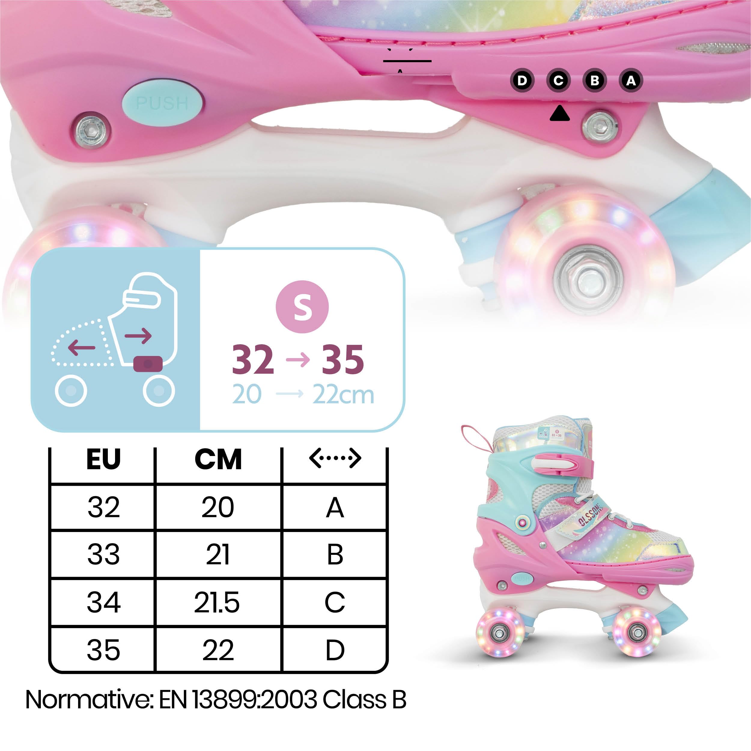 Pattini a 4 ruote per bambini con luci OLSSON Blossom - Taglia regolabile (28-35) tramite pulsante - Cuscinetti ABEC 7 in carbonio - Telaio resistente - Fissaggio regolabile in velcro