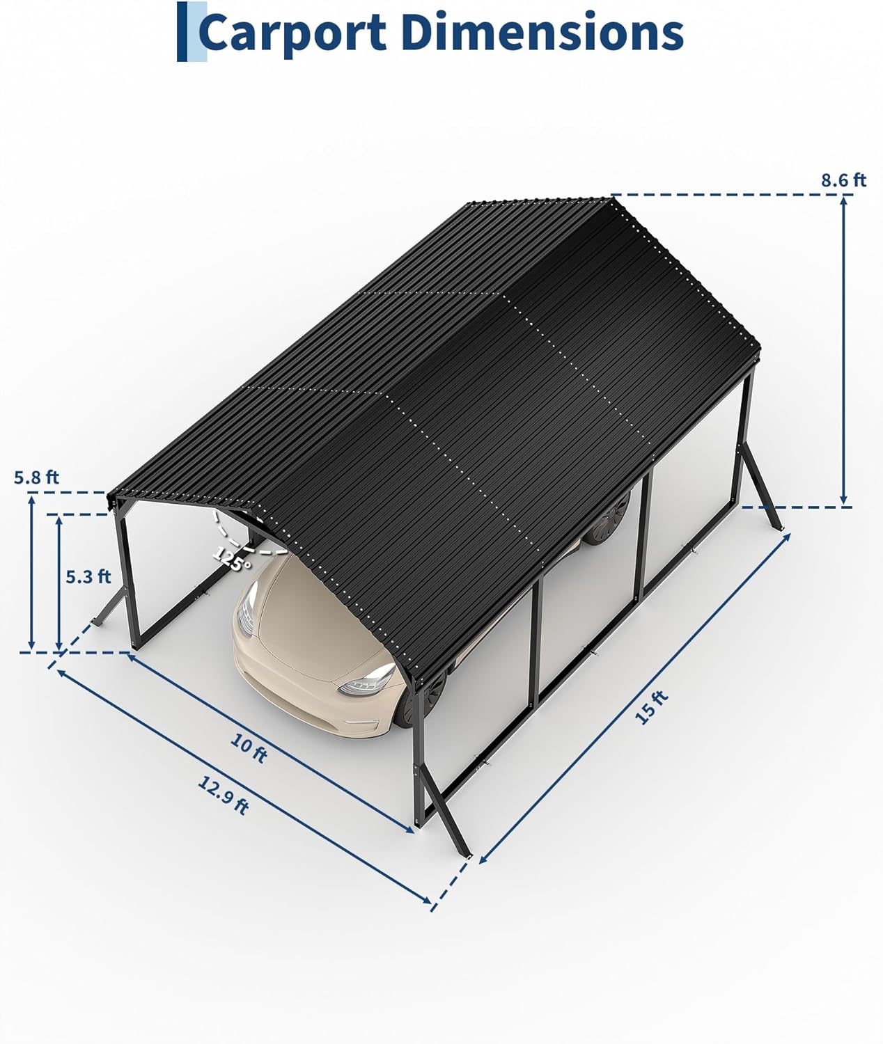 Garvee 10x15x9 ft Metal Carport, Car Port with Reinforced Frame and Steel Roof for All-Weather Use, Permanent Shelter for Sedans, SUVs, or Boats