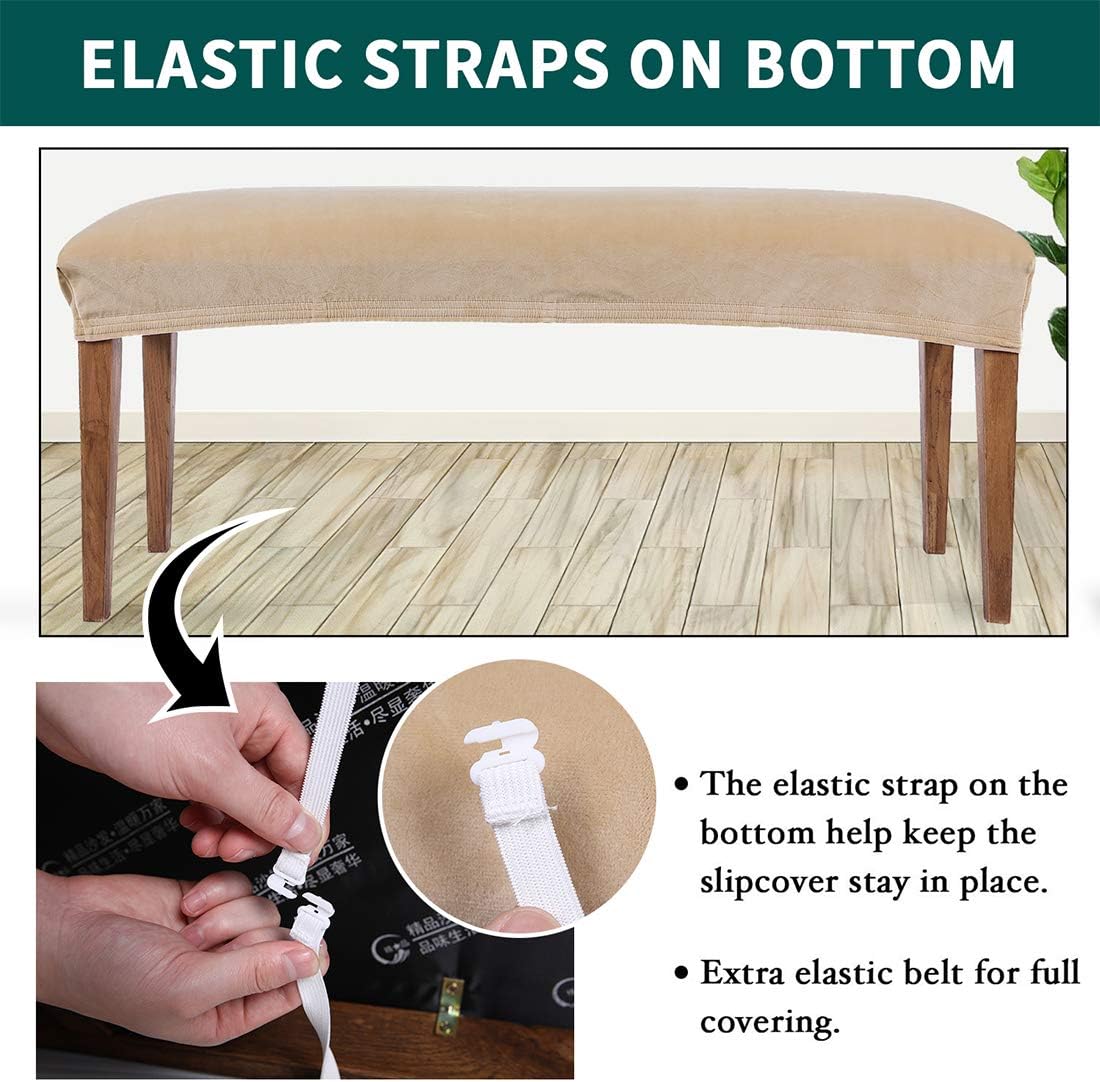 smiry Velvet Dining Room Bench Covers - Soft Stretch Spandex Upholstered Bench Slipcover Removable Washable Bench Seat Protector for Living Room, Kitchen, Bedroom (Beige)
