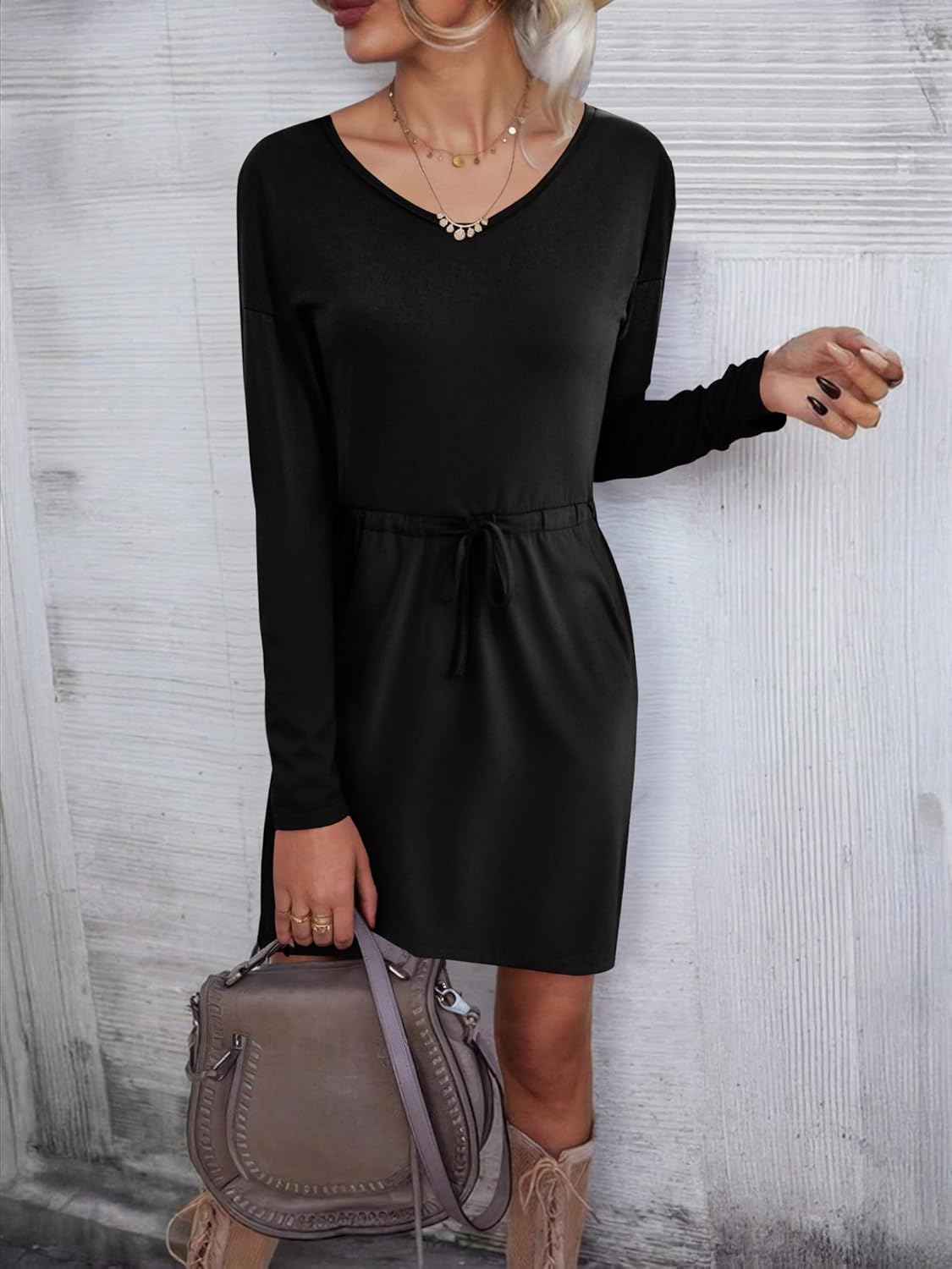 Women's Long Sleeve Dress V Neck Drastring Waist Casual Short Mini Dresses 2025 Trendy Fall Outfits - Image 4