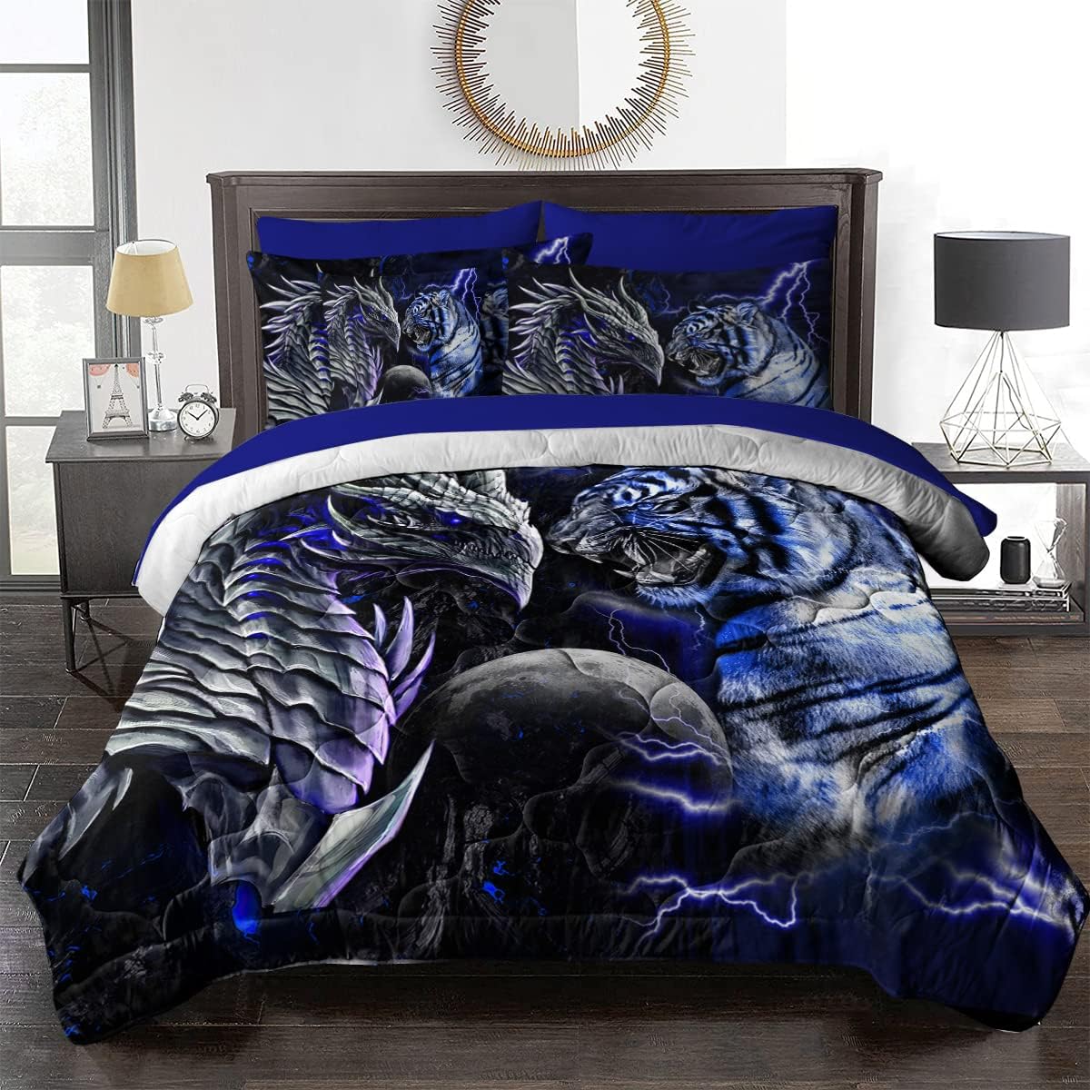 BlessLiving Blue Storm Dragon Comforter Set 8 Piece Tiger