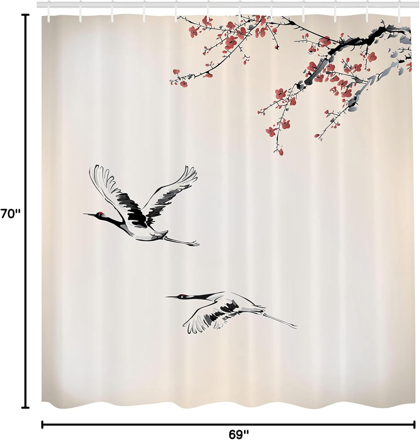 Ambesonne Birds Shower Curtain, Branches of Japanese Cherry Tree with Flying Swallows in The Air Spring Colors, Cloth Fabric Bathroom Decor Set with Hooks, 69" W x 70" L, Red Grey Ecru