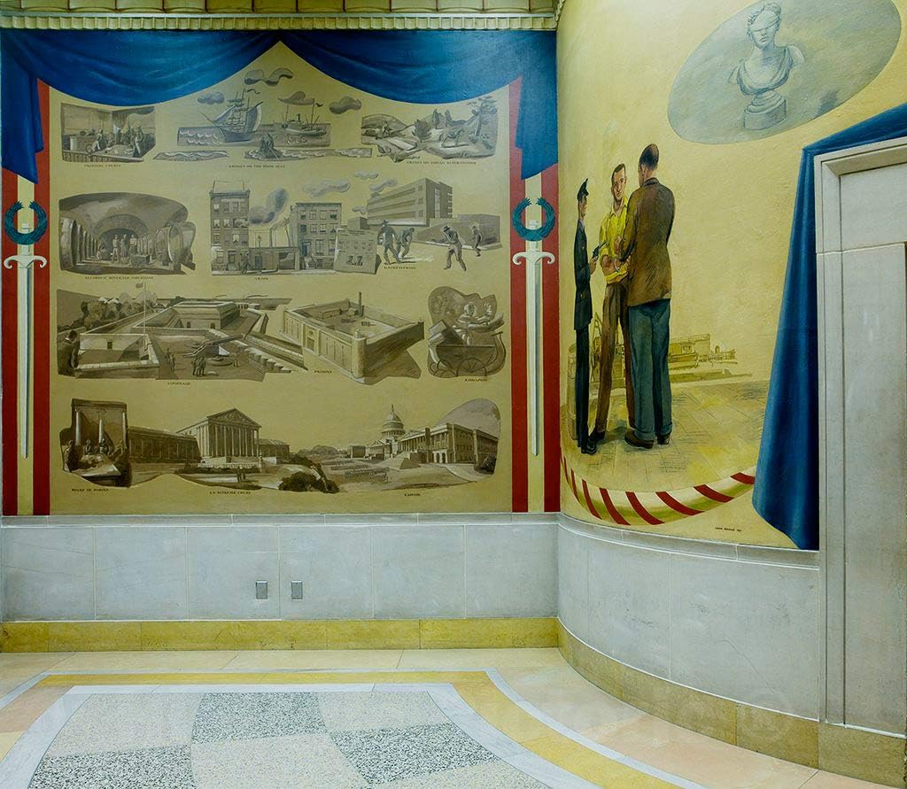 Photo - Two Oil Paintings Violent Activities of The Department of Justice and an Arrest, Fifth Floor, Elevator no. 10, Department of Justice, Washington, D.C. 20in x 16in