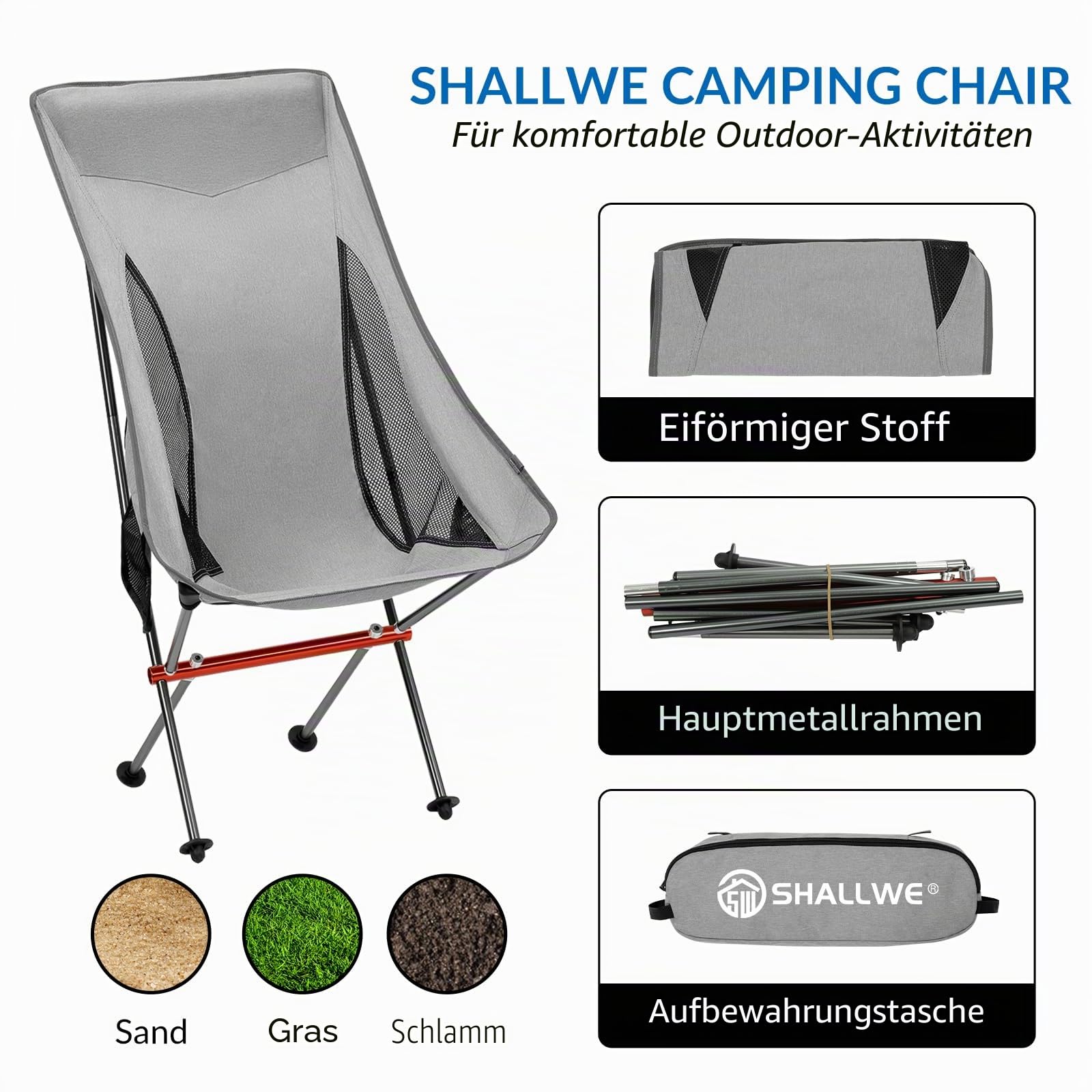 SHALLWE Klappbarer Campingstuhl mit hoher Rückenlehne, Aluminium-Struktur, Seitentasche, Tragetasche, kompakt für Outdoor-Rucksackreisen (Grau)