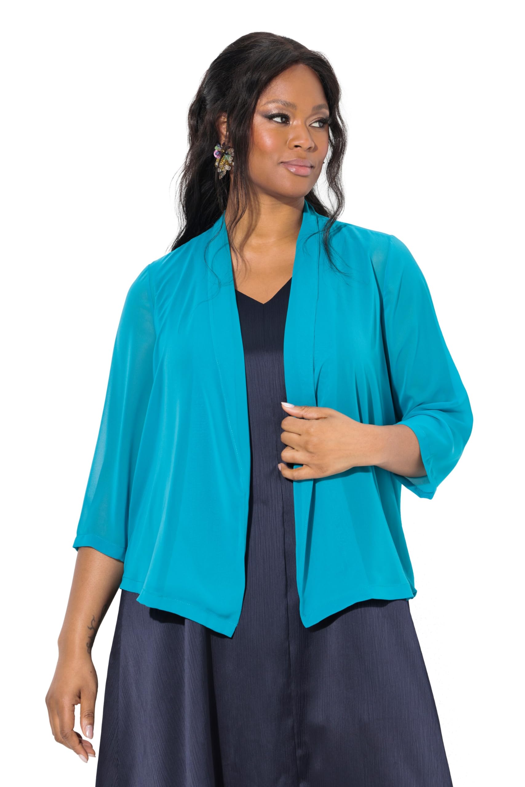 Ulla Popken Damen große Größen Übergrößen Plus Size Chiffonjacke, Oversized, Schalkragen, 3/4-Arm 817211