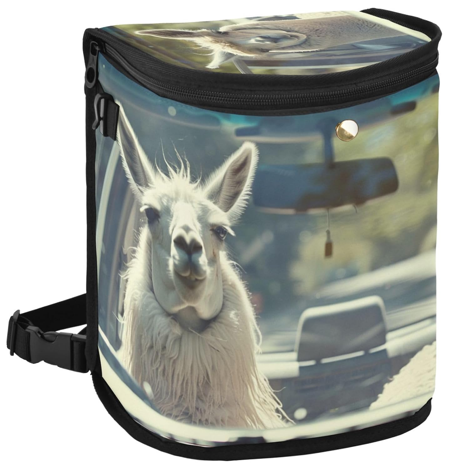 Funny Llama Driving Cute Animals Car Trash Can Car Garbage Bag with Lid Hanging Waterproof Leak Proof Vehicle Storage Bin
