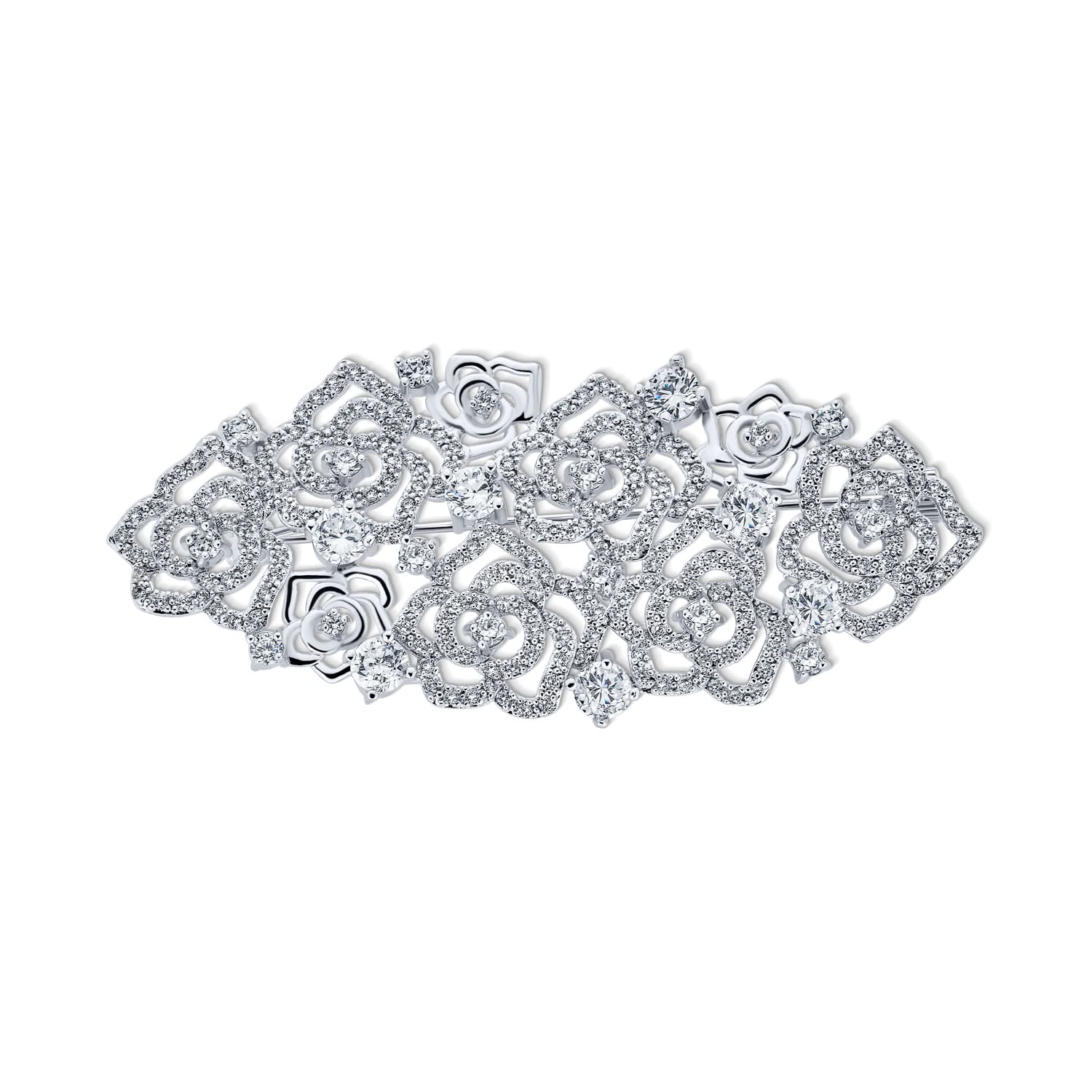 Clásico Elegante Estilo Vintage Grande Micro Pave CZ Doble Abanico Pavo Real Pluma Hoja Floral Rosas Bufanda Broche Alfiler Broche Simulado Verde Esmeralda Lágrima Rodio Plata Chapado En Latón