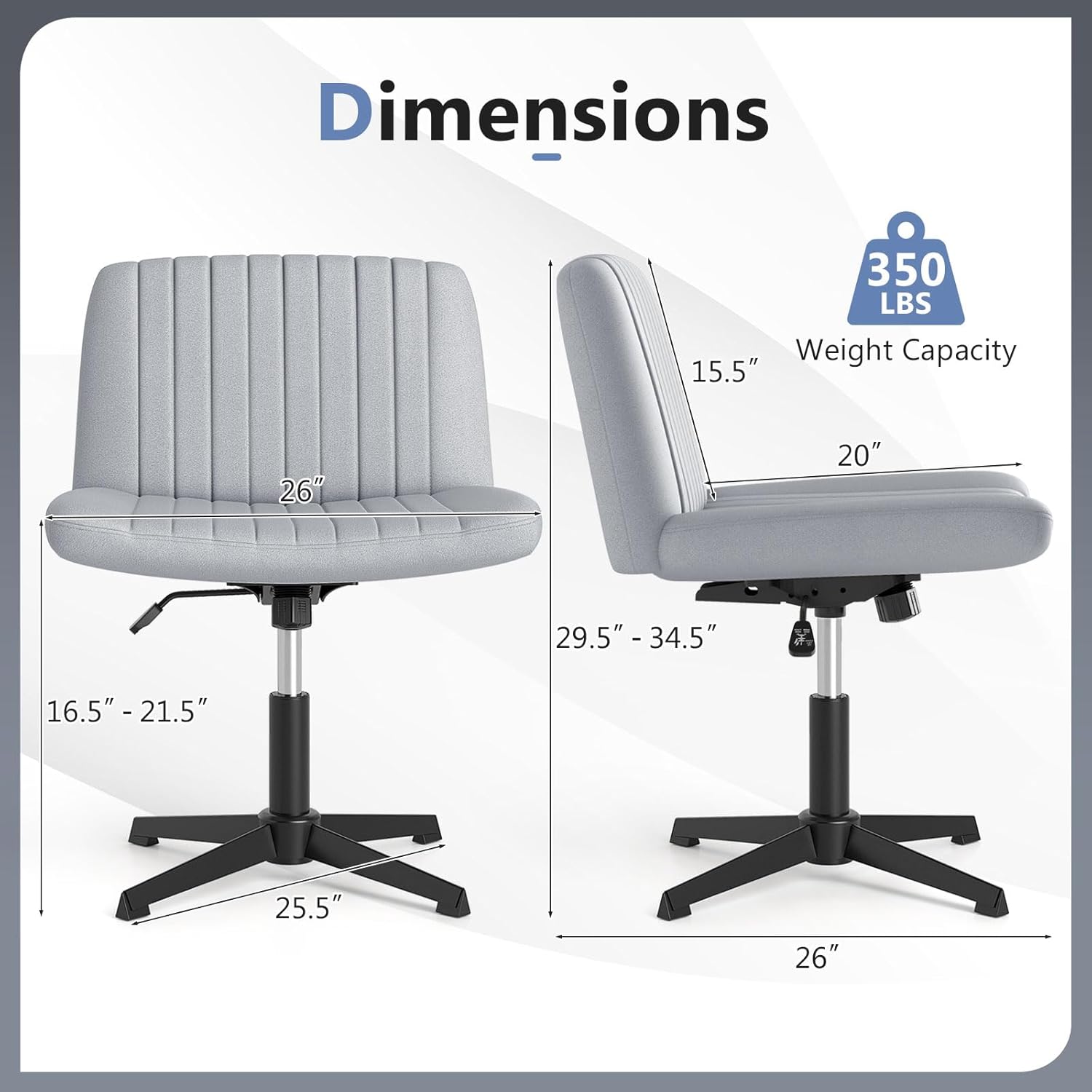 Giantex Criss Cross Chair, Armless Cross Legged Office Chair No Wheels, Fabric Adjustable Swivel Ergonomic Desk Seat, Modern Wide Makeup Task Vanity Chair for Home, Gray