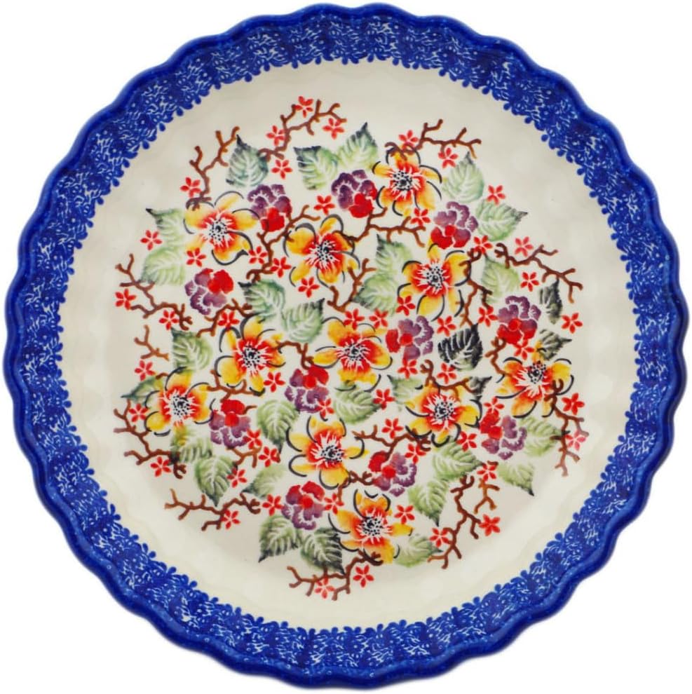 Polmedia Polish Pottery Fluted Pie Dish UNIKAT - Dogwood Dreams Pattern Handmade in Boleslawiec Poland + Certificate of Authenticity