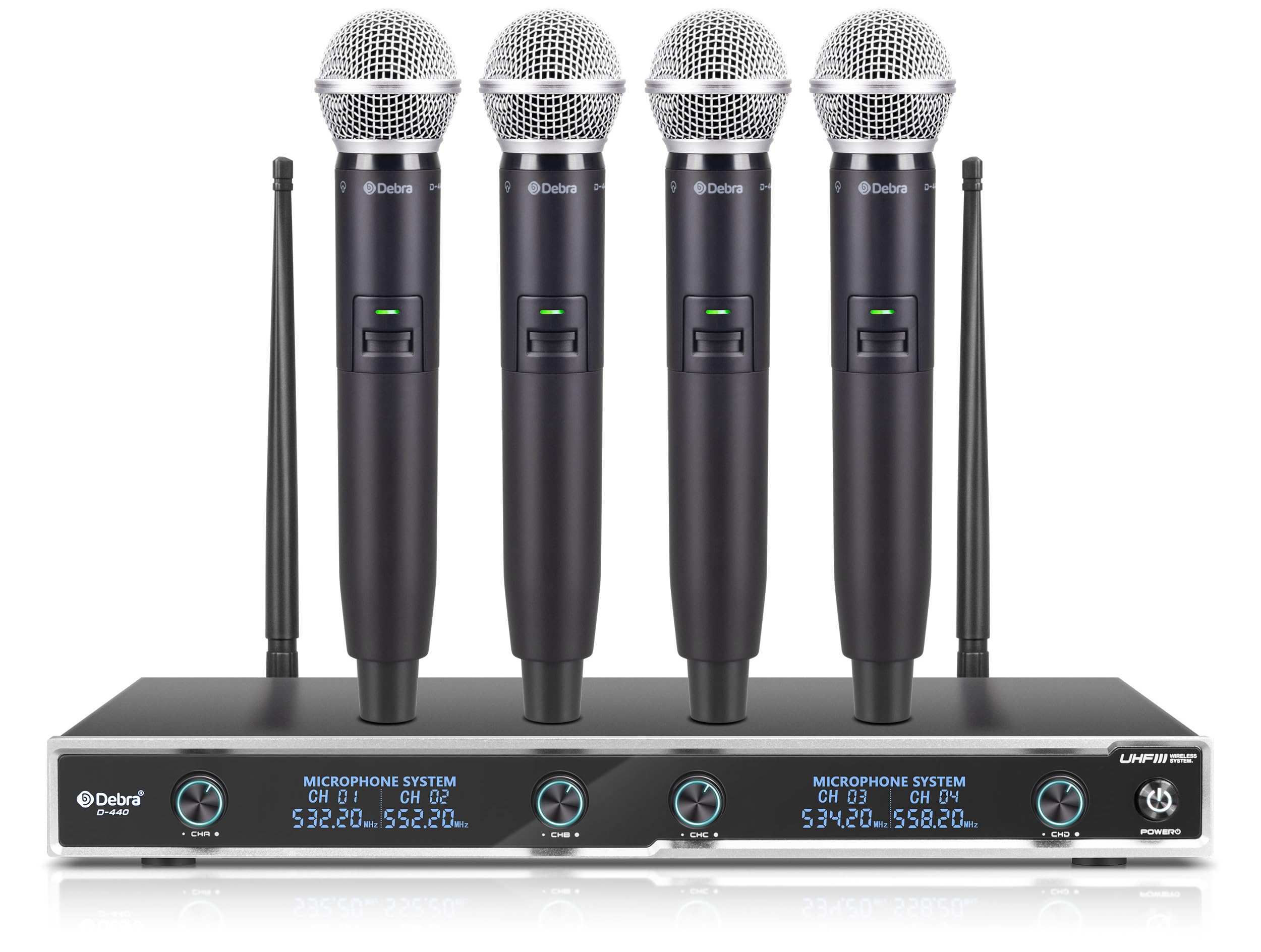 D Debra Audio D-440 UHF 4-Channel Wireless Microphone System with 4 Cordless Mics, Home Karaoke KTV Set, Ideal for Party, Church, Weddings, Stage, DJ, Outdoor, 300 Ft (4 Handheld)