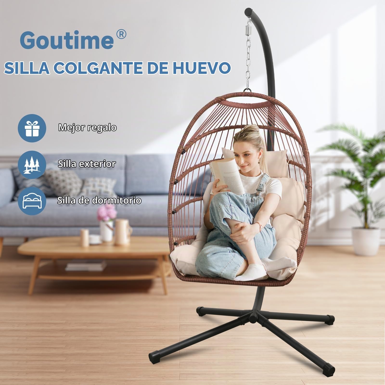 Goutime Silla Colgante de Huevo con Soporte y Funda Impermeable, Silla oscilante Plegable con cojín Resistente a los Rayos UV, Capacidad de 204KG para Interior (Marrón Rojizo con Soporte)