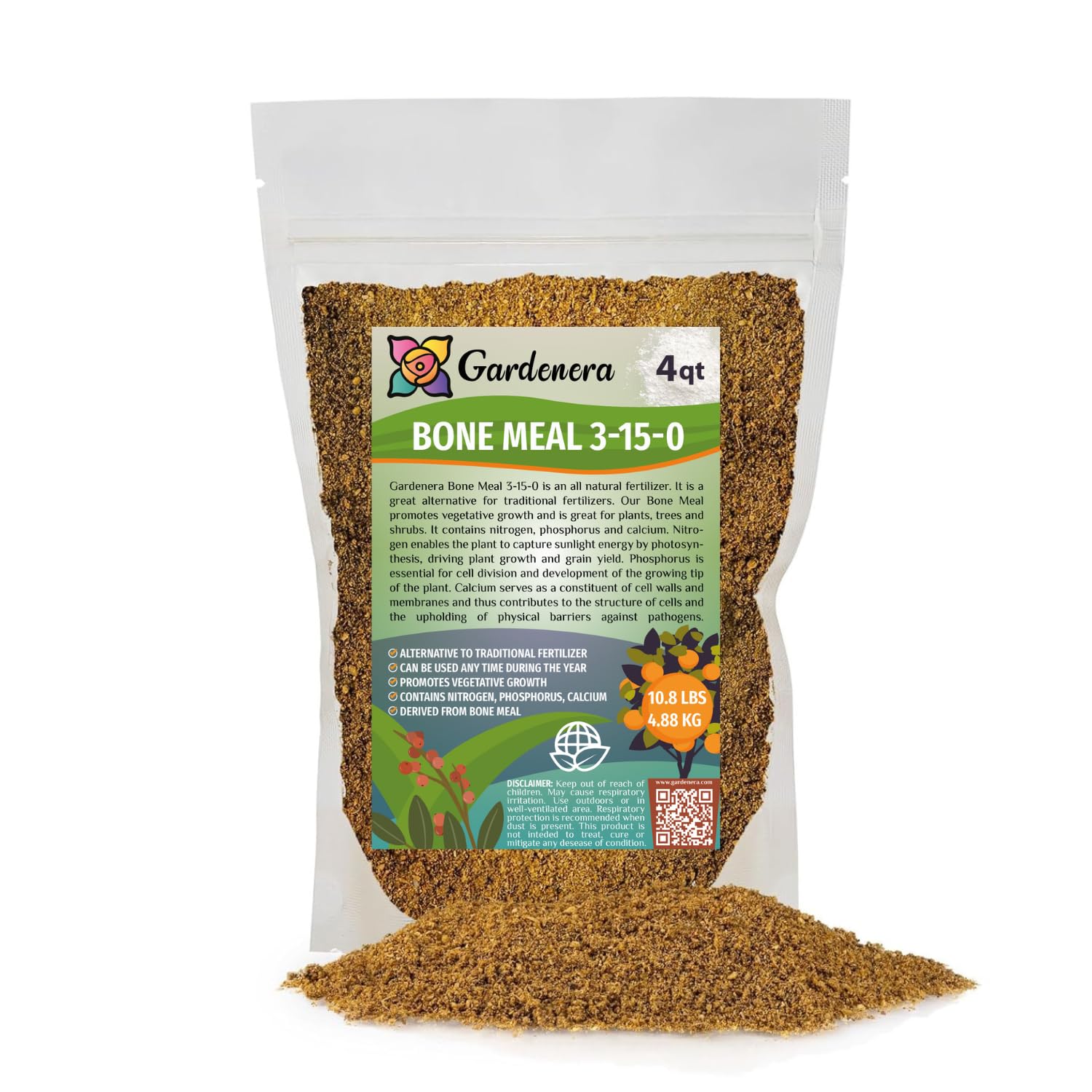 GARDENERA Natural Bone Meal Fertilizer - Add to Potting Soil - Strong Root Development Organic Gardening for Tomatoes, Peppers, and Bulbs - 4 Quart