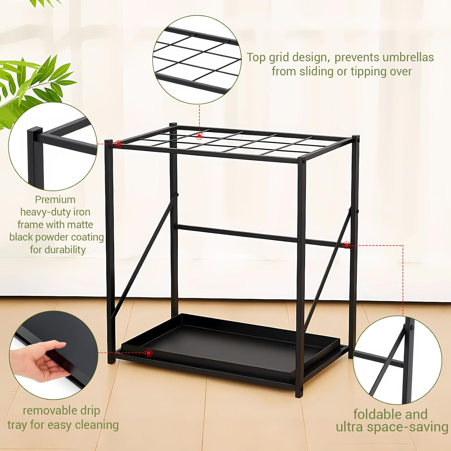 Folding Umbrella Storage Stand Rack Holder Organizer Free Standing Umbrella Rack with Removable Drip Tray for Entryway Home Office Hotel Entry Hallway(L18.31 X W11.89 X H19.69 Inch)