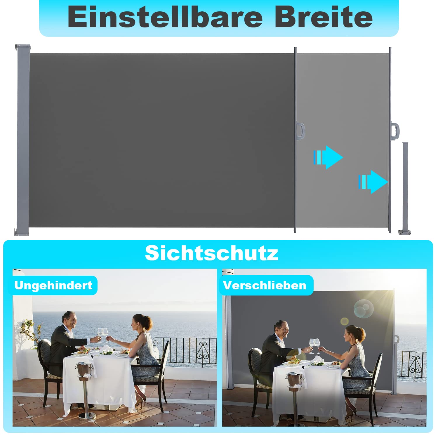 Herrselsam Markiza boczna, 180 x 300 cm, rozsuwana, nieprzejrzysta, ochrona przed wiatrem, ochrona przed słońcem, roleta boczna z uchwytem podłogowym, zwijany i zestaw akcesoriów, szara
