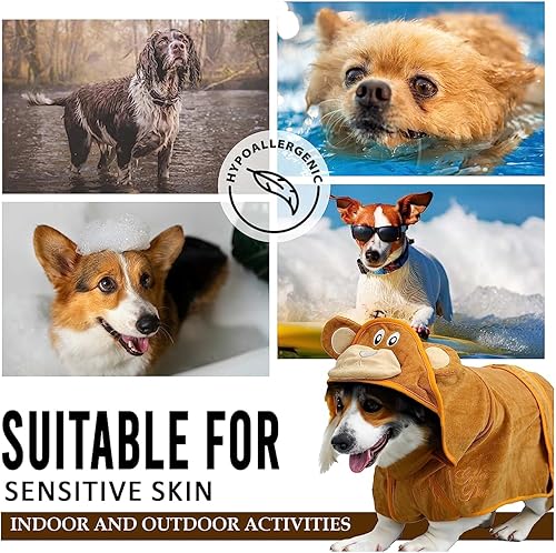 Miniatura 4 de Bata de baño para perros 100% algodón para mascotas, suave, súper absorbente, de secado rápido e hipoalergénica, con banda de cintura ajustable,