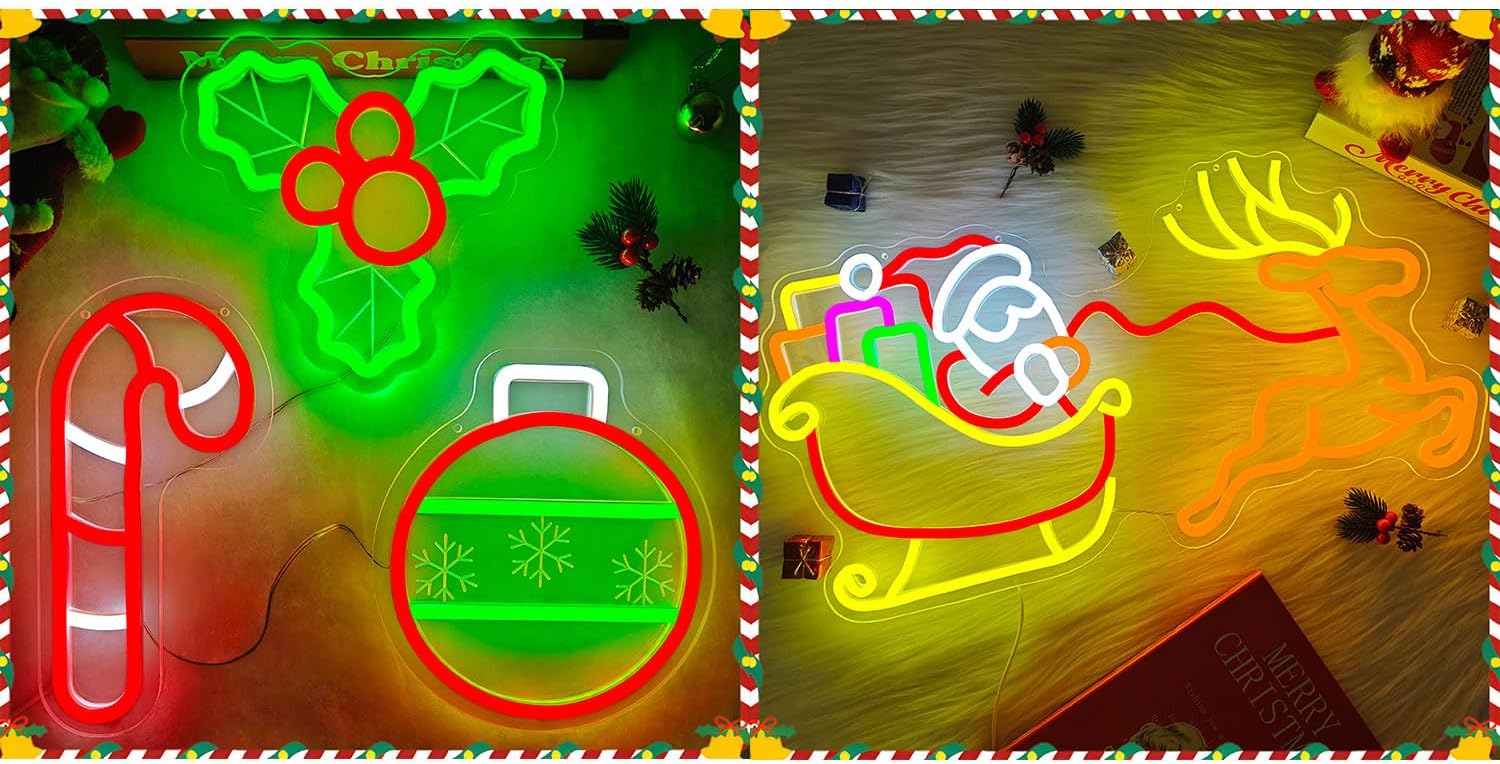 Christmas Neon Sign 3-Piece Large Santa With Sleigh and Reindeer Neon Sign Lighted Holly Berry Christmas Ball Candy Cane Led Sign Reindeer Sleigh Santa Signs for Wall