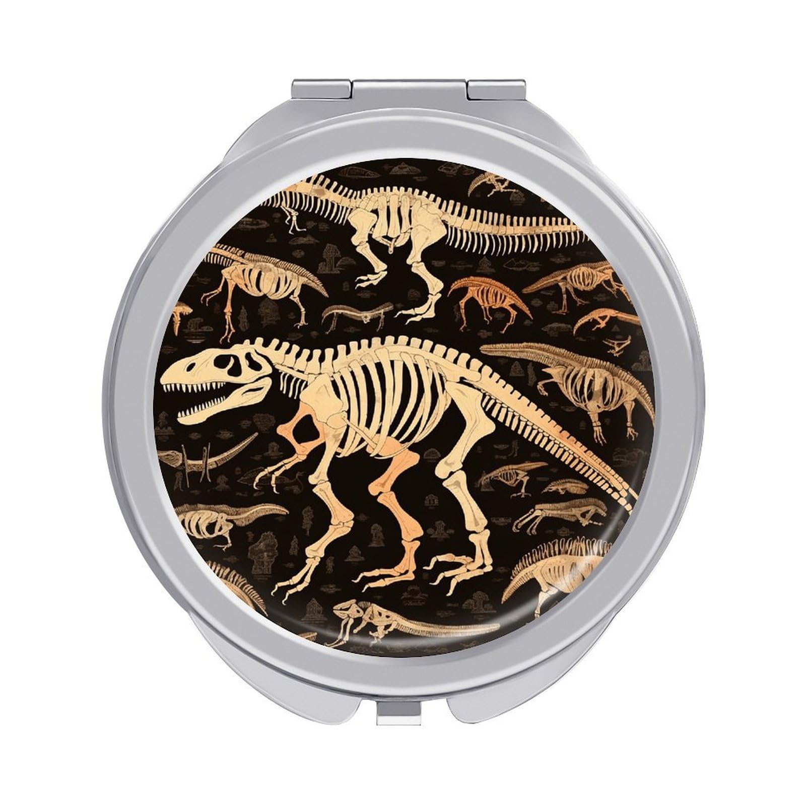 VstaDank Dinosaur Skeleton Print Travel Makeup Mirror Cute Compact Mirror for Women 1X/2X Magnifying Metal Pocket Makeup Mirrors Folding Round Makeup Mirrors for Handbag Wallet & Gift