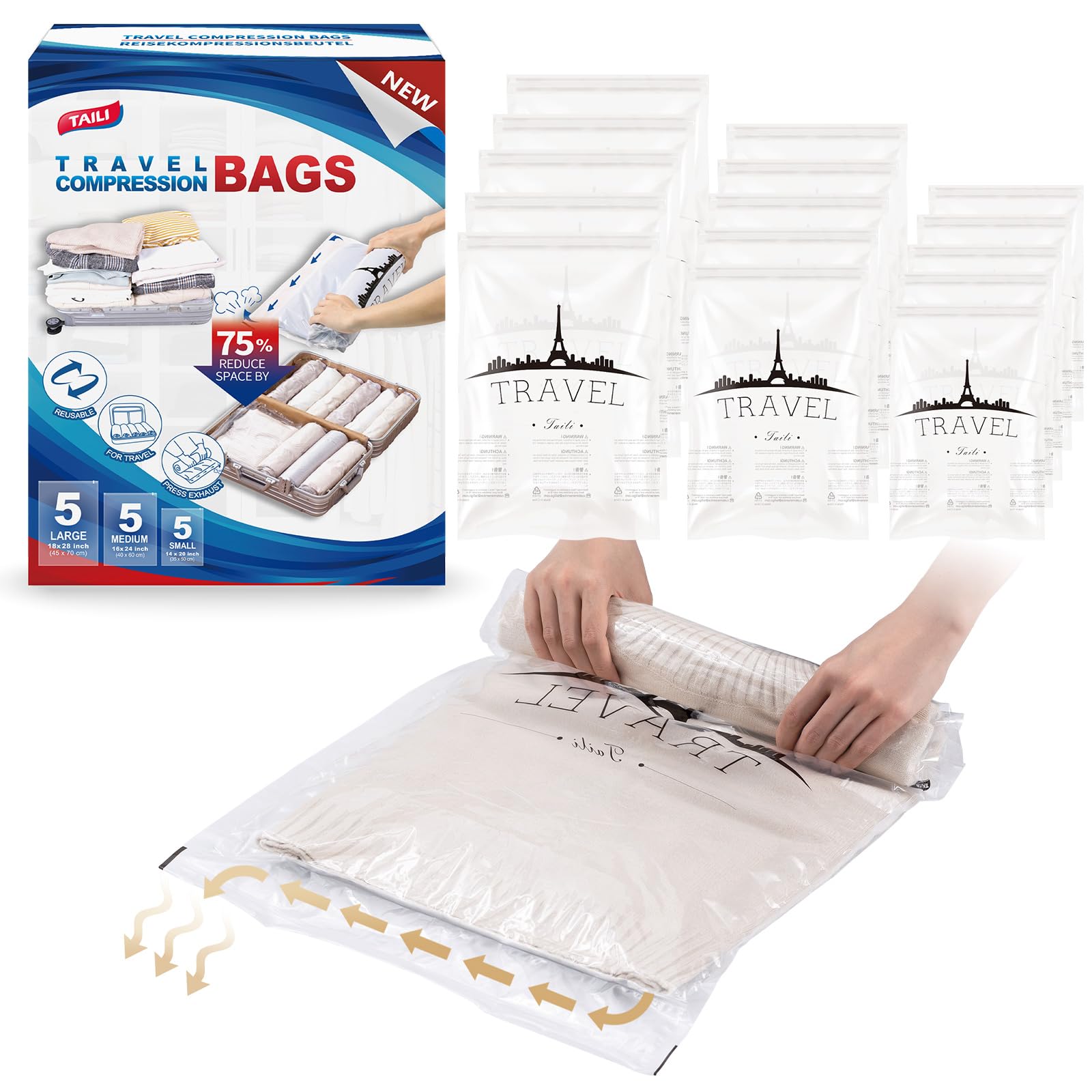 TAILI 15 Travel Compression Bags, Roll Up Space Saver Bags (5 Small+5 Medium+5 Large), Hand Roll Packing Storage Bags for Luggage, Suitcase and