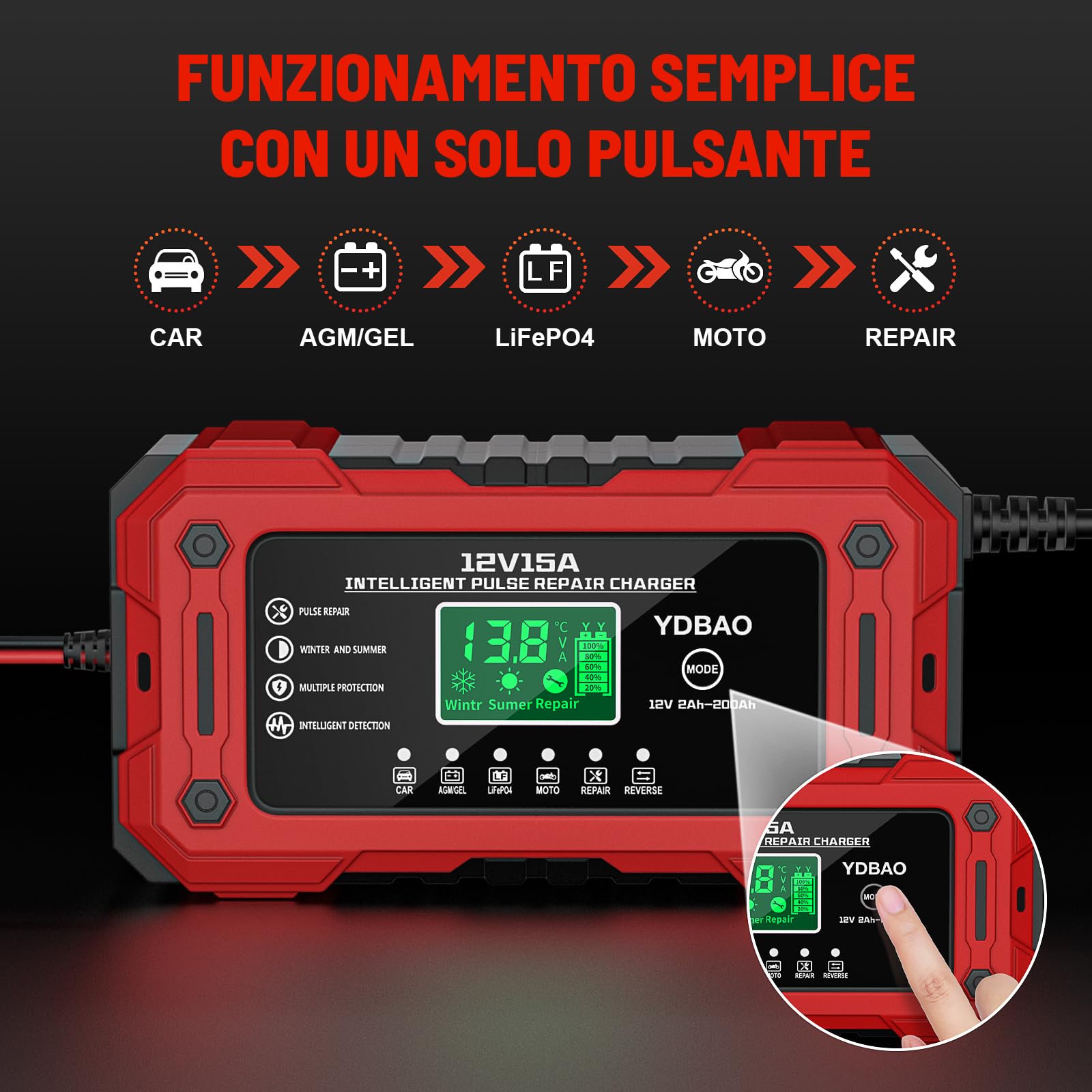 YDBAO 15A Caricabatteria per Auto 12V 15A Caricabatterie Intelligente Completamente Automatico da Auto con Display LCD con Compensazione della Temperatura per Moto Auto Batteria AGM Barche