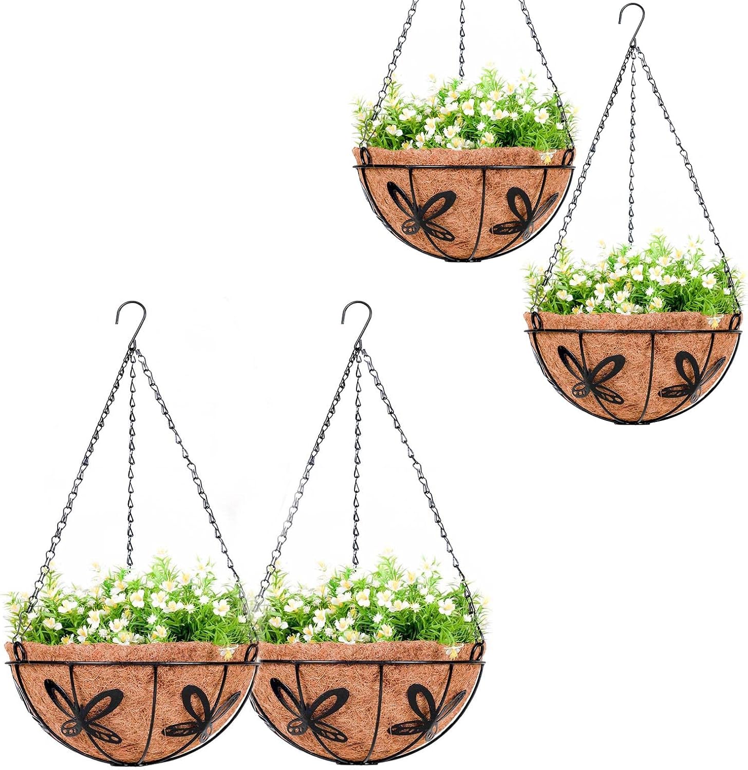 2 Pack 12 Inch Hanging Baskets for Plants and 2 Pack 10 Inch Outdoor Hanging Planters with Coco Liner for Lawn Patio Balcony Garden Decor