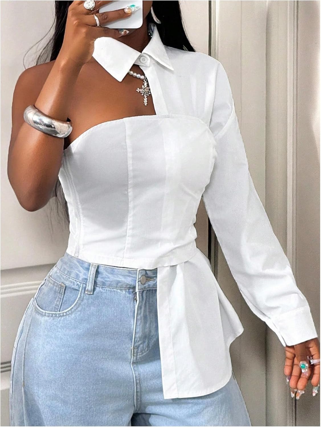 Women's Asymmetrical Tops Collared Long Sleeve Blouses Stylish Shirts Fall Outfits - Image 3