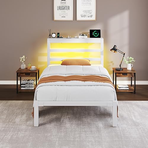 Miniatura 7 de Marco de cama tamaño Twin con cabecera de almacenamiento, cama plataforma industrial con estación de carga y luces LED, espacio de almacenamiento