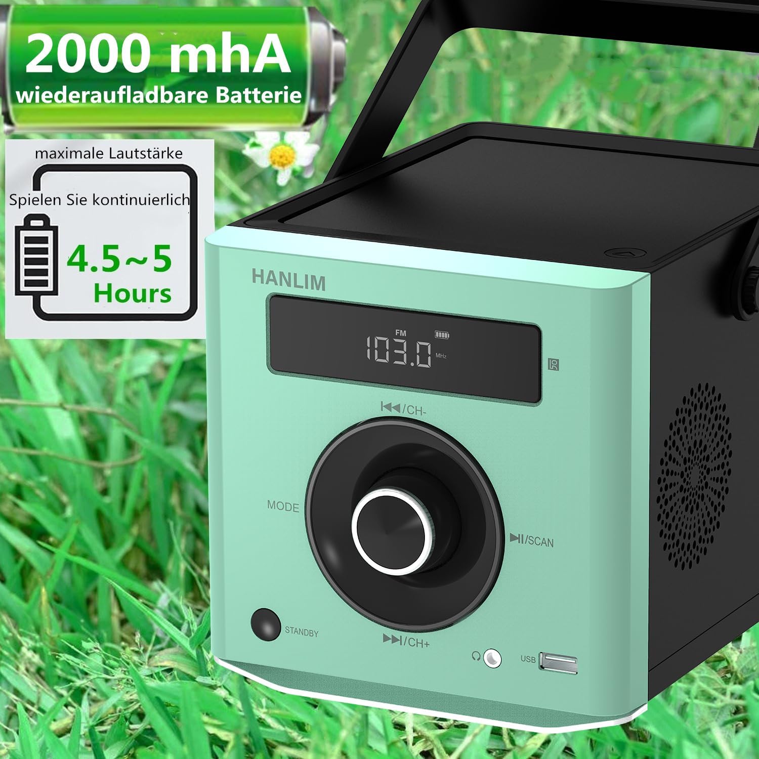 HANLIM Portable CD Player HL-108 showing battery life