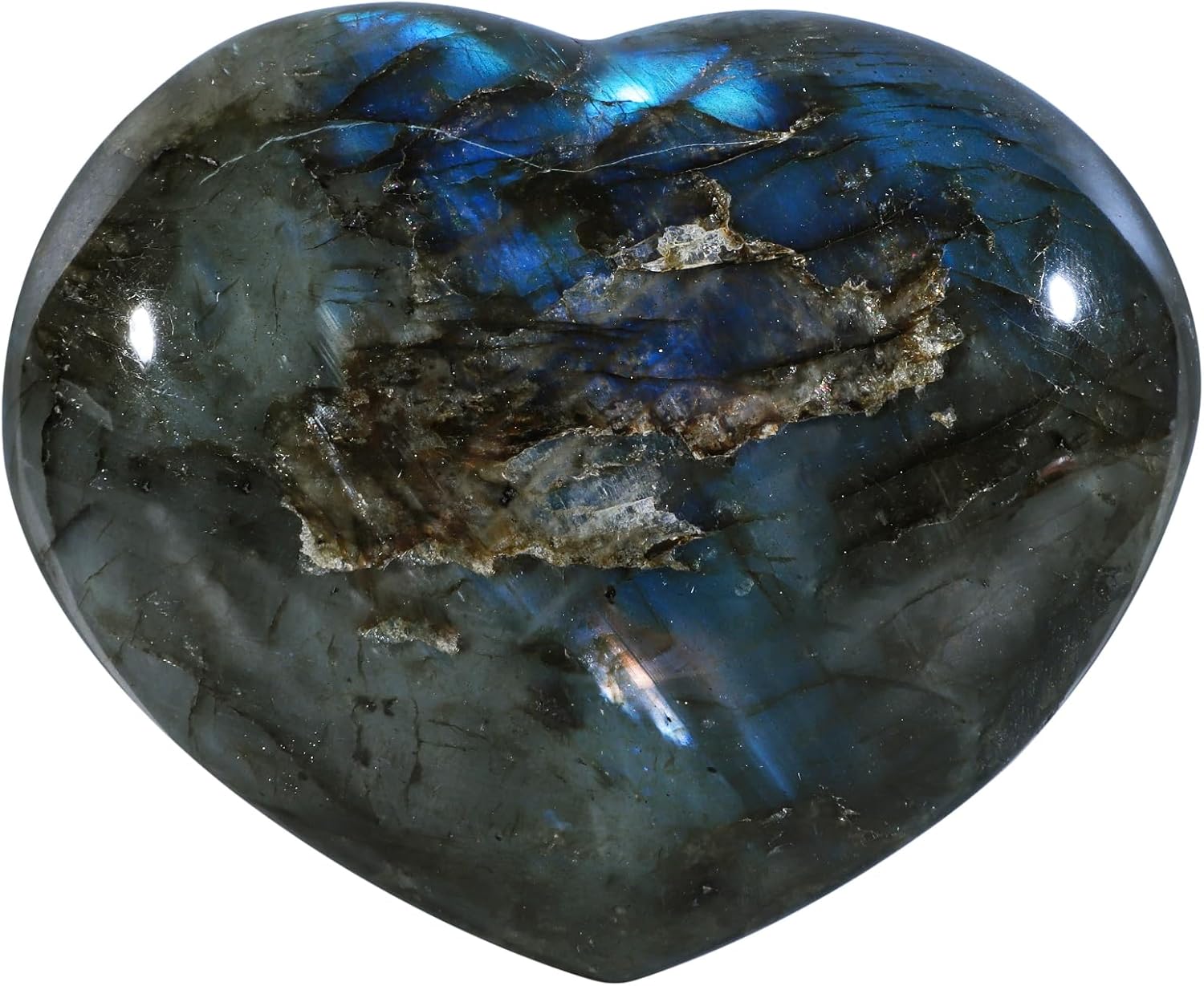 Natural Labradorite Crystal Stone for Home Decor, Love Heart Worry Stone for Meditation, Anxiety, 2.84"-3.74"