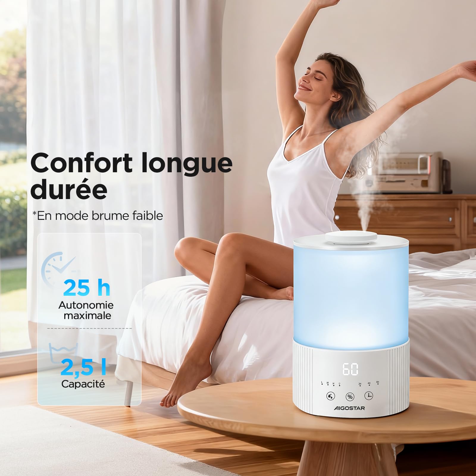 Aigostar Humidificateur d'Air 2,5L Ultra Silencieux avec Diffuseur d’Huiles Essentielles, Minuterie 8H & Veille, Arrêt Auto, 3 Niveaux de Brume, LED 7 Couleurs – Idéal pour Bébé, Chambre, Bureau