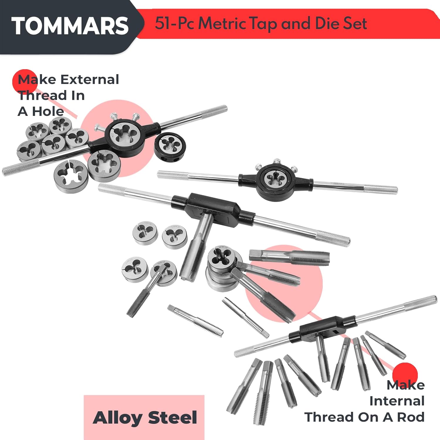 TOMMARS 51-Pc M6 to M24 Jumbo Tap and Die Set Metric Round Threading Dies & 75-Pc Tap and Die Set, SAE & Metric Hex Thread Taps Dies Wrench Metric Sizes M3 to M12 & Standard Sizes #4 to 1/2" Type NC N