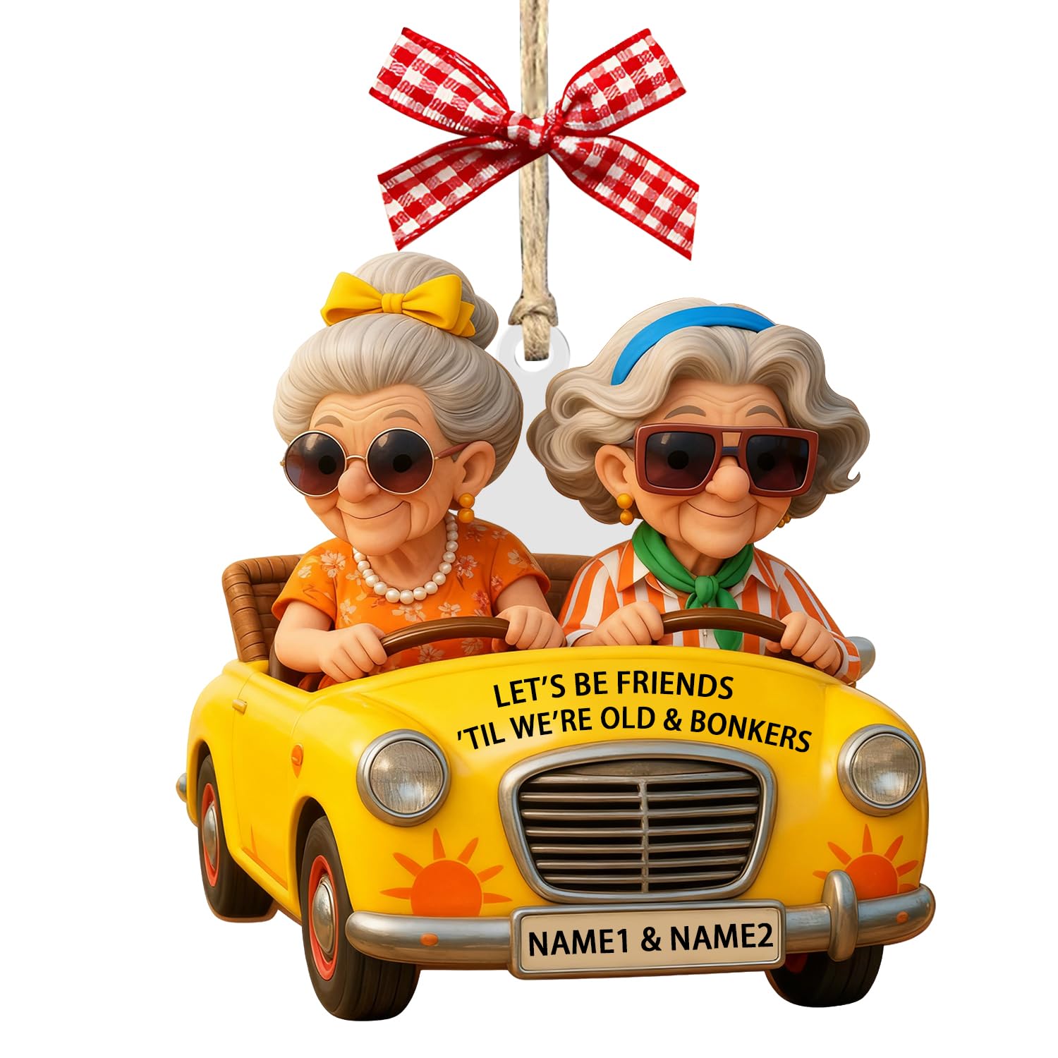 Kkiioexx Style 4 Let's Be Friends 'Til We're Old & Bonkers Ornament,Personalized Old Lady Best Friends Riding Car Ornaments,Custom Acrylic Ornament With Name,Home Decor Xmas Trees Hanging Ornaments,Friendship Gifts