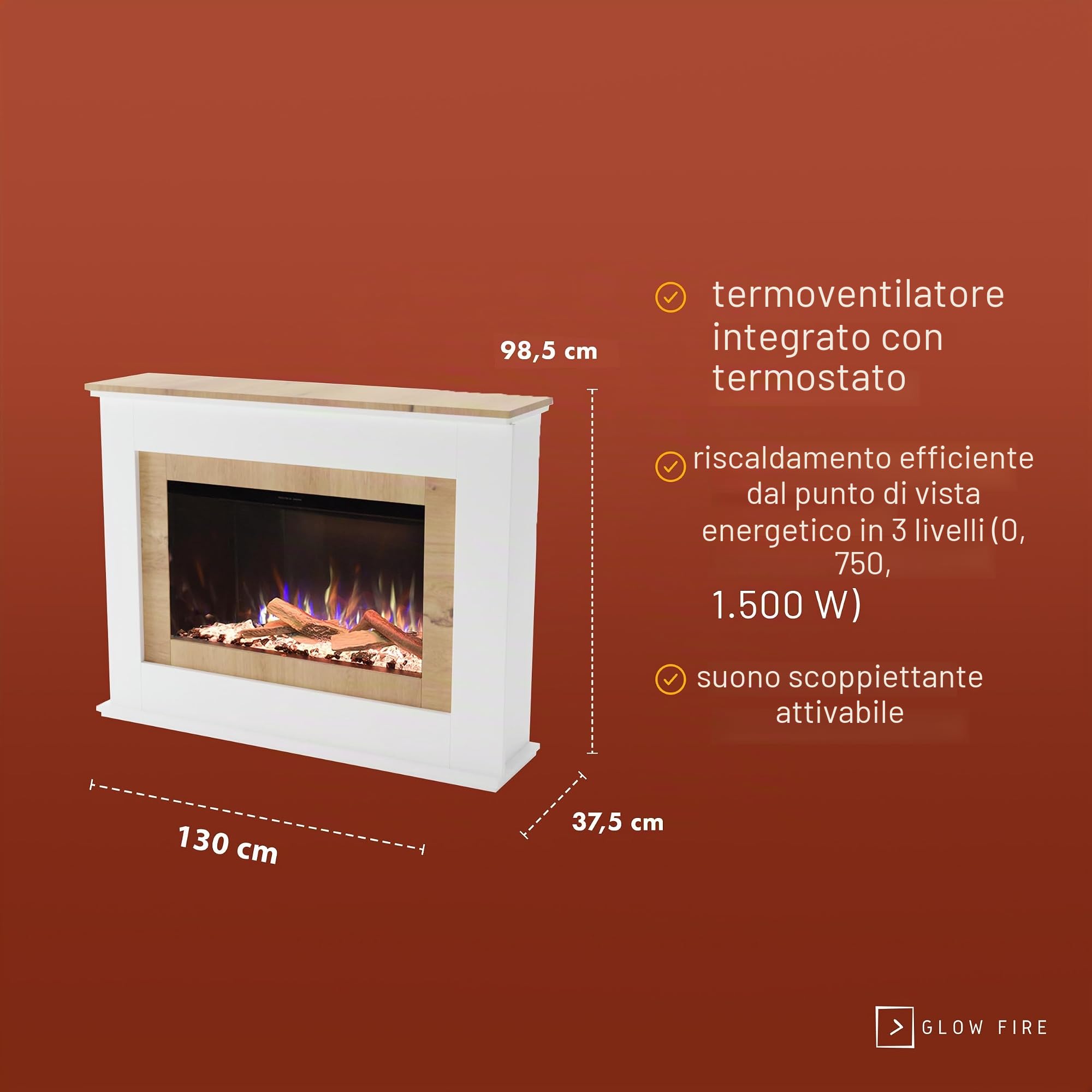 GLOW FIRE Caminetto PR6 con realistico fuoco LED E-Motion 3D - Caminetto elettrico da terra con riscaldamento, fuoco da camino, timer, max. 1500 W, 130x98,5x37,5 cm, Bianco (Quercia)