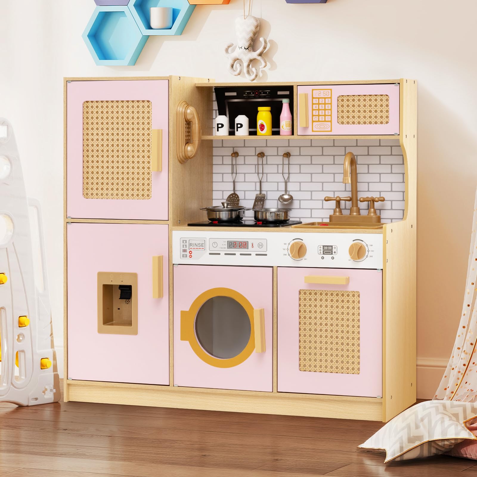 RELAX4LIFE Cucina Giocattolo per Bambini, Effetti Sonori e Luminosi, Gioco Cucina in Legno con Frigo, Microonde, Forno, Lavatrice, Mini Cucina per Bambini 3-6 Anni (Rosa)