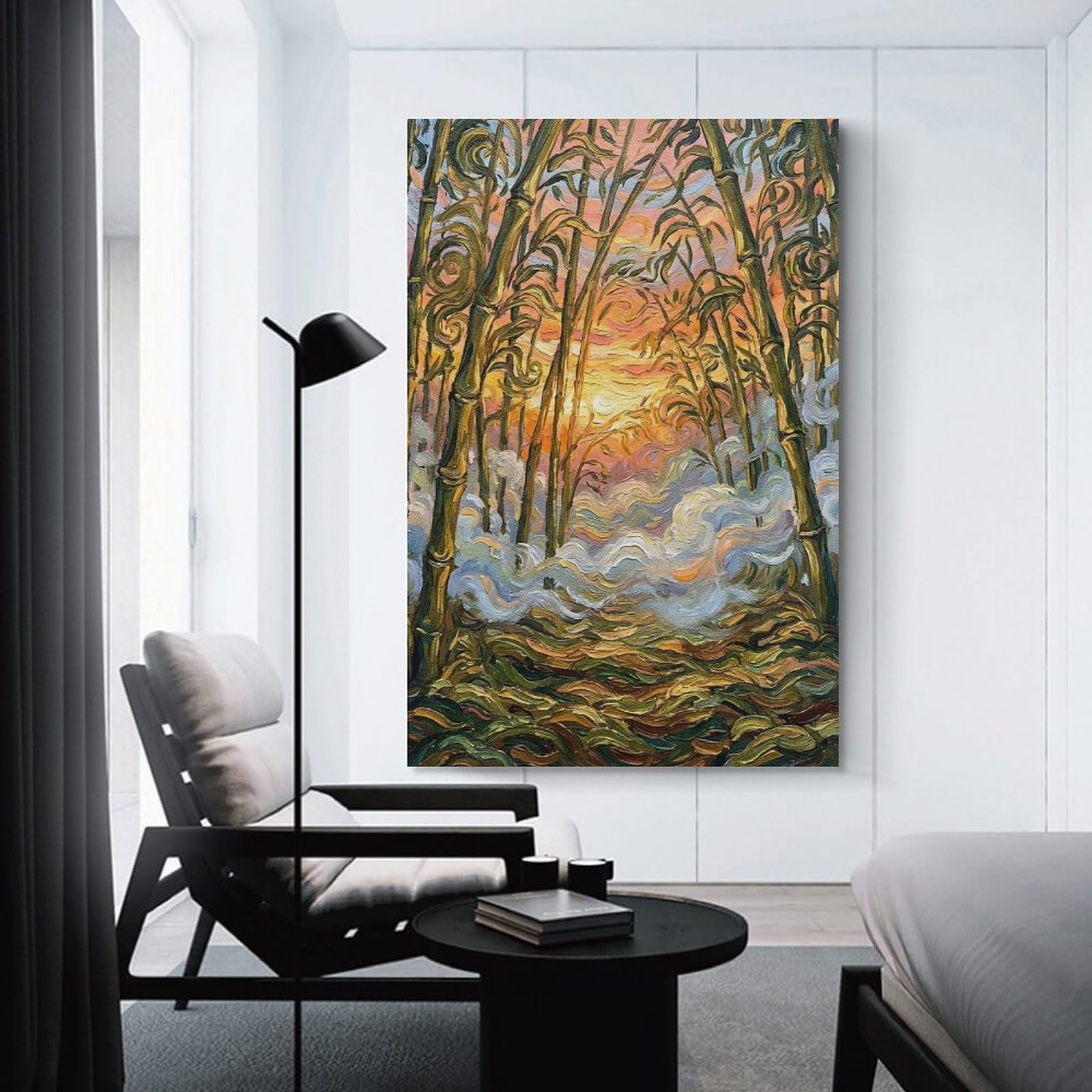 Junmoney Wall Art Print Bamboo Forest Sunset Painting, 24x36inch(60x90cm), for Hallway, Bedroom Or Modern Interiors, Thoughtful Wall Decor for Art Lovers