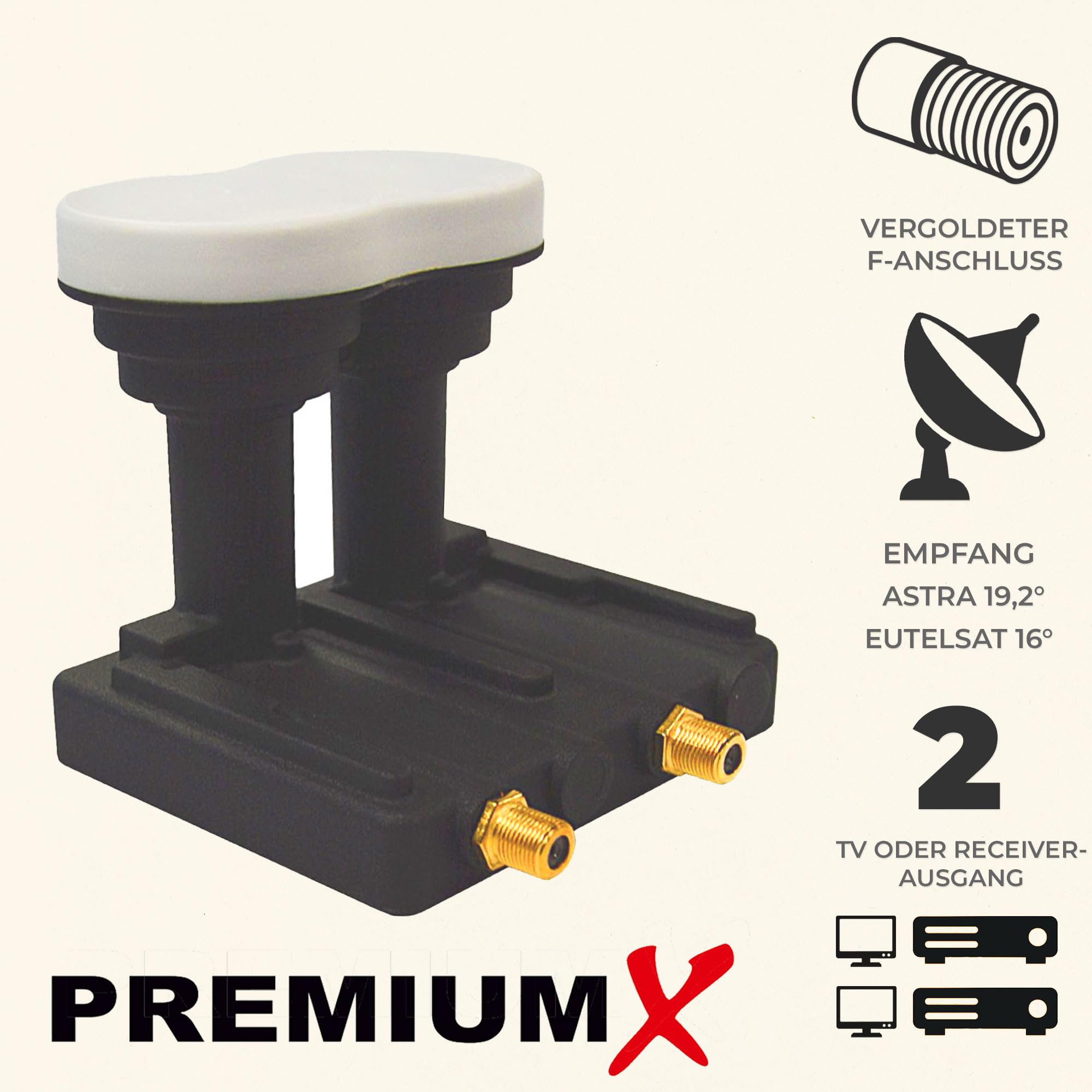 Premium X Monoblock Twin LNB 3 ° PXMB-3T 0.1 dB Astra 19.2 ° Eutelsat 16 ° HDTV FullHD UltraHD 4K 3D Adecuado para 2 participantes