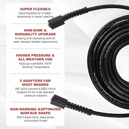 Miniatura 10 de Manguera de lavado a presión de 50 pies 14 pulgadas, 4000 PSI resistente a las torceduras, manguera de repuesto de alta presión M22 de 0.551 in,