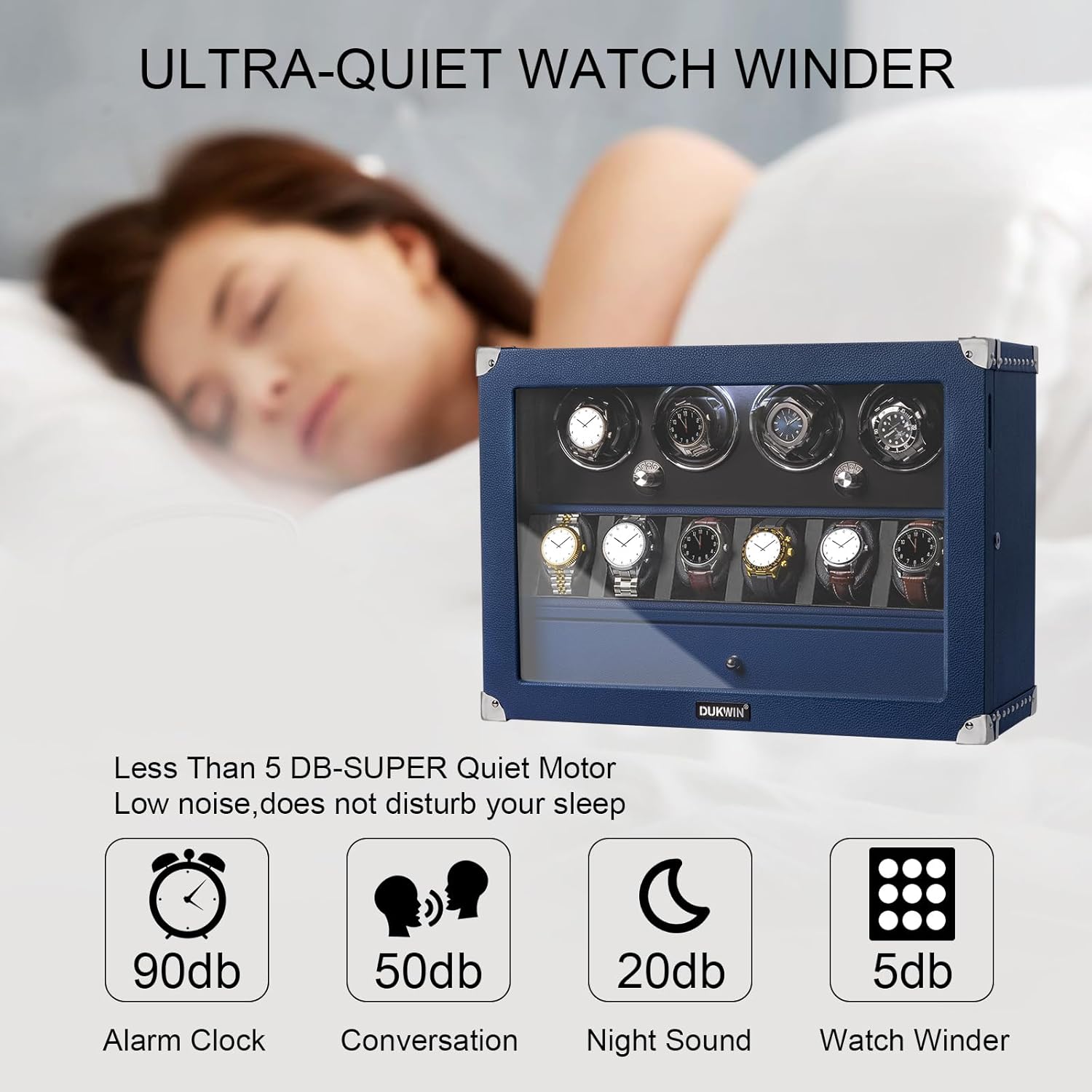 DUKWIN Watch Winder for Automatic Watches, White Lockable Watch Winders with Extra Watch Storage, Jewelry Storage, 4 Rotation Modes, LED Light, Super Quiet Mabuchi Motor and Spring Watch Pillows