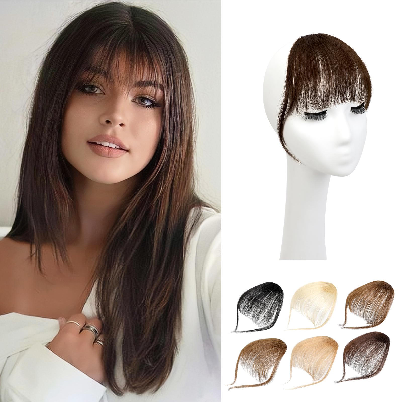 Flequillo con clip, 100 % cabello humano, flequillo falso con clip, extensiones de cabello sintético, flequillo de imitación, flequillo de pelo con clip de cabello con sienes, flequillo