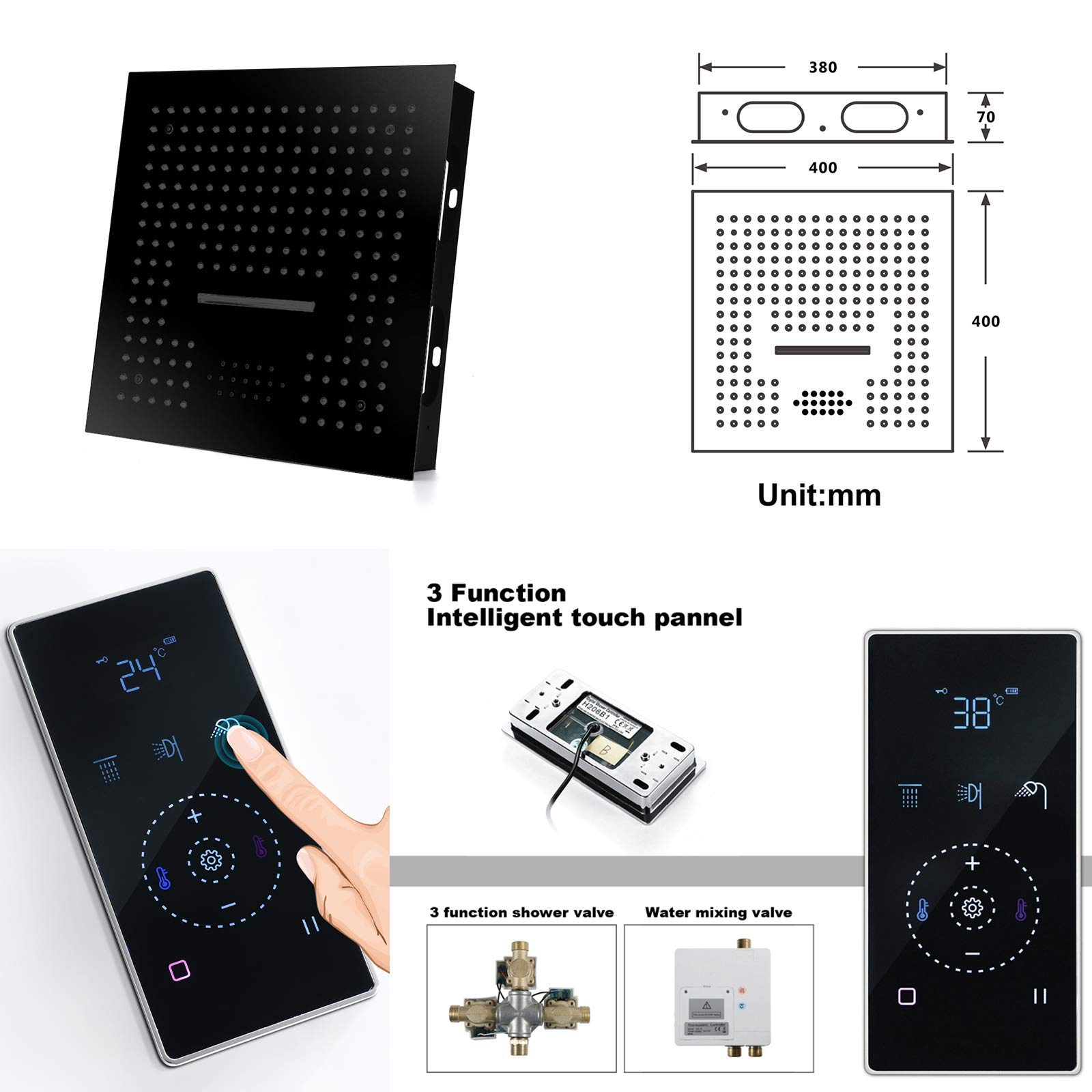 Sistema doccia musicale a 64 colori LED, set di rubinetto per doccia nero con soffione da 40,6 cm, doccetta a mano, rubinetto per vasca da bagno, valvola doccia intelligente, telecomando (controllo