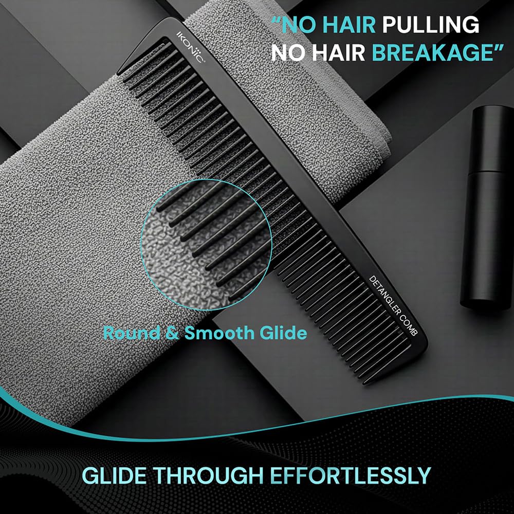 Ikonic Detangler Comb, Carbon Comb, Wide Tooth Hair Comb for Thick & Thin Hair, Anti Static, Lightweight, Heat Resistant, Chemical Resistant, Salon Styling Tool for Men & Women, All Hair Types, Black 3