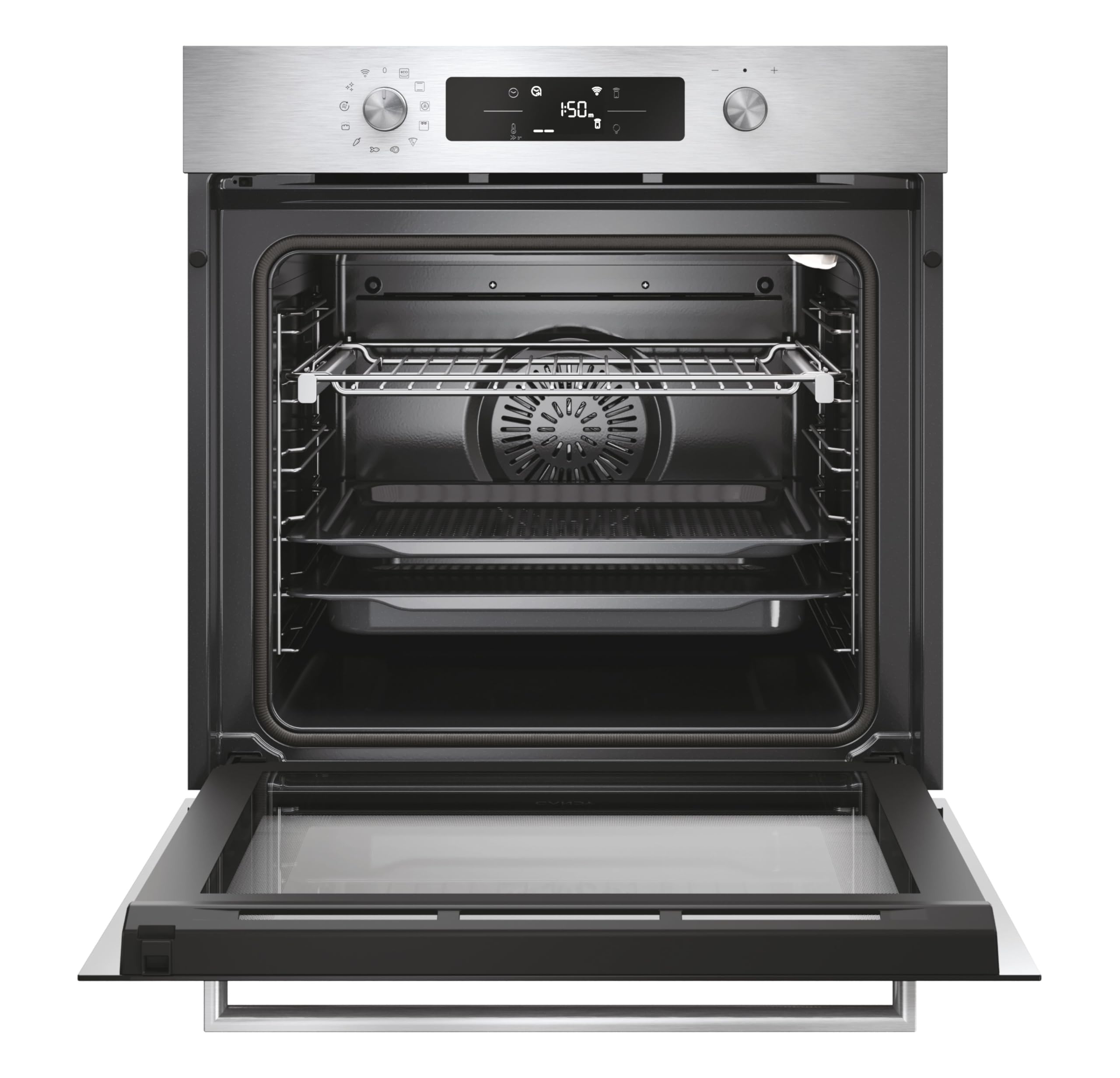 Candy C-Bake 600 CA6 NP5B3YTX, Horno Multifunción, Pirolítico-Hidrolitico, 78L, WIFI, 3300W, 2 Bandejas+1 Rejilla, Convección+Ventilador, 12 Funciones, Mandos Push&Pull, Puerta 4 Cristales, Negro-Inox