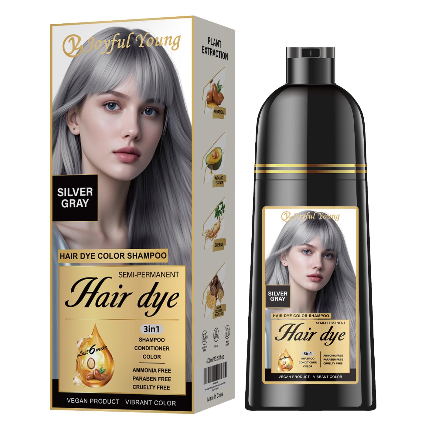 Joyful Young Natural Color Hair Dye Shampoo 3 IN 1, Instant Hair Coloring, Gray Coverage for Men & Women, Beard Dye Vegan Ammonia Free & Paraben-Free, Champú Para Canas Mujer & Hombre (SILVER GRAY)