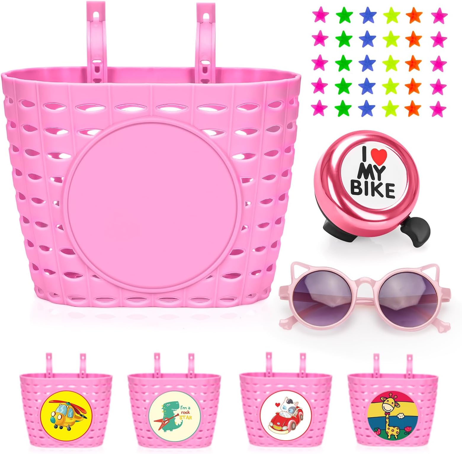 Kids Bike Basket,Bicycle Basket with Bell,Wheel Spokes, Glasses,Bike Accessories for Boys Girls